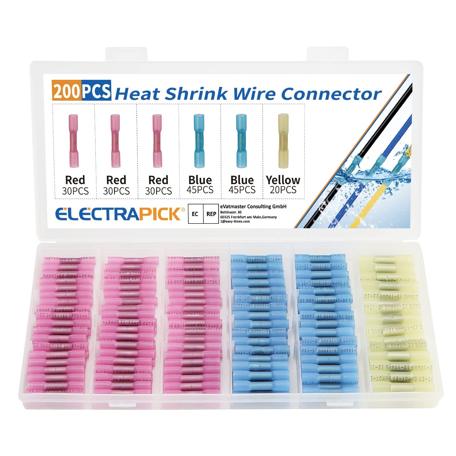 ELECTRAPICKCable Connector, 200 Pieces, Butt Connector, Crimp Connector, 22-10 AWG Waterproof Shrink Connector, Red/Blue/Yellow