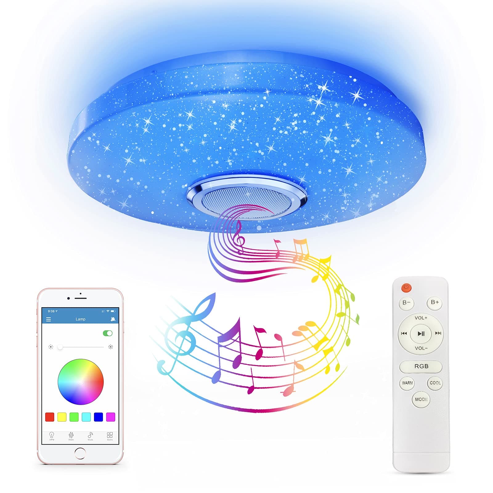 RGB LED Ceiling Light with Bluetooth Speaker 36W, High Sound Quality,Cool/Warm White Colour Changing lamp with Remote Control and App,Waterproof Lamp for Bedroom Bathroom Ø30cm