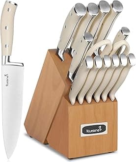 Kitchen Chef Knife Block Set,High Carbon Stainless Steel Razor-Sharp Blade Ergonomic Handle,Sharp Knife Set with Built-in Sharpener,Elegant Gift(Irovy-Acacia,15pcs)