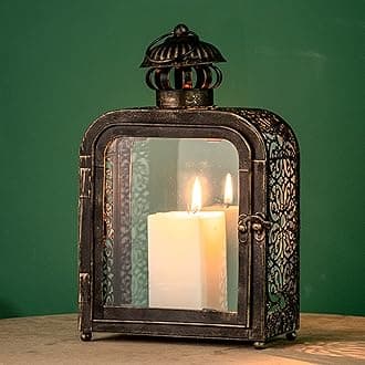 DECORKEY Candle Lantern, Vintage Decorative Hanging Lantern, Metal Tabletop Lantern for Home Outdoor Patio Decor, Candle Holders with Clear Glass (Bronze)
