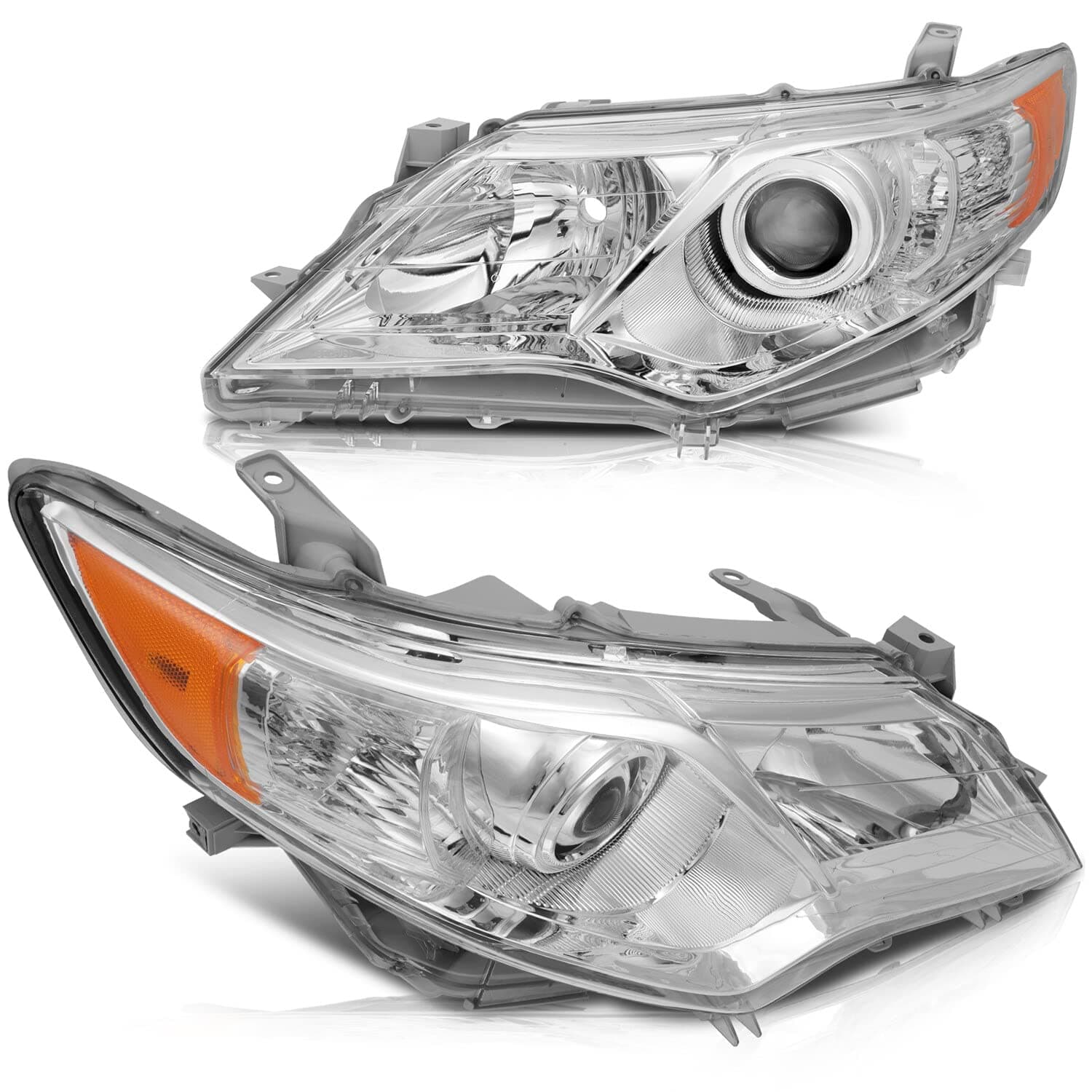 Headlight Assembly with Project for Toyota Camry 2012-2014 Chrome Housing Amber Reflector Clear Lens Driver and Passenger Side Headlamp
