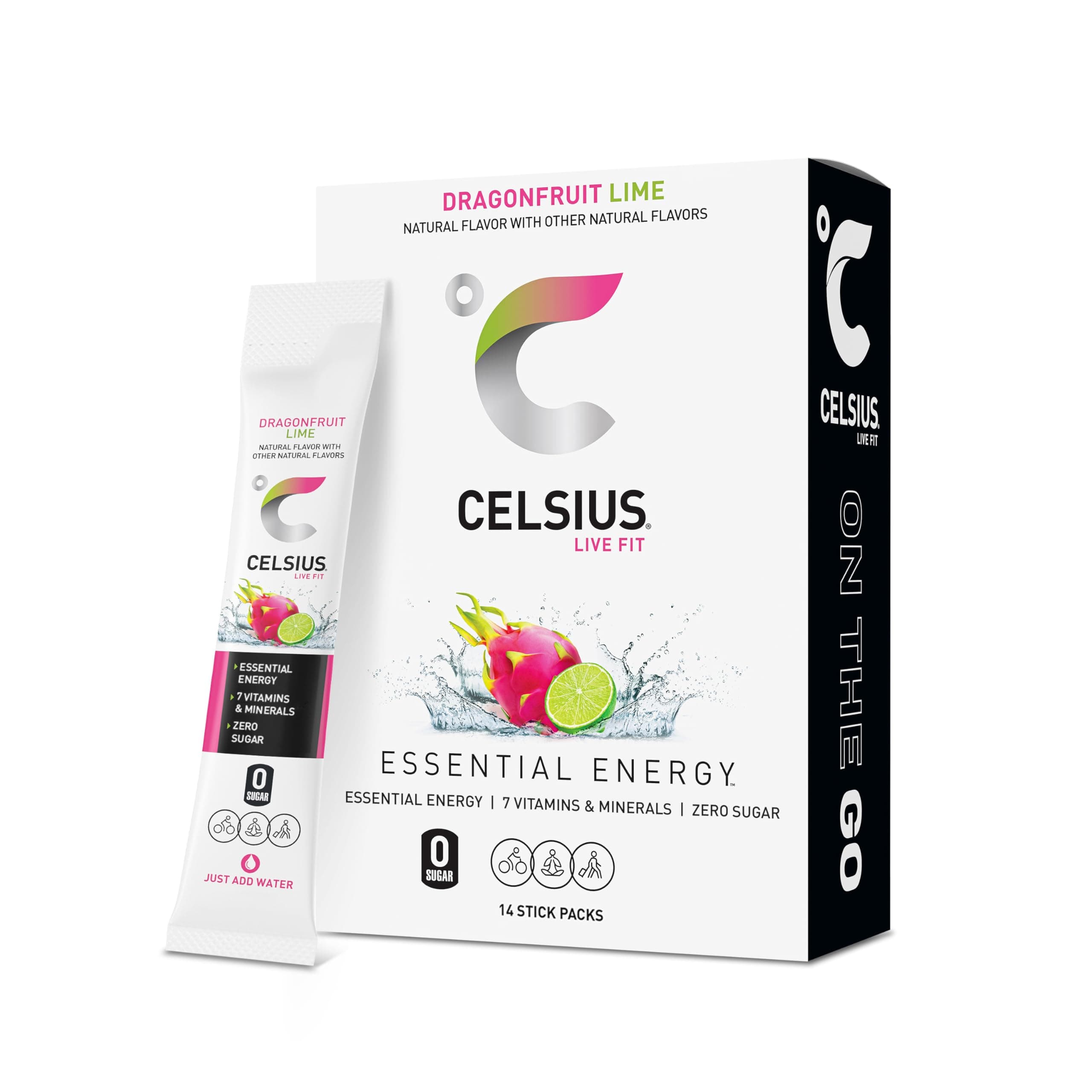 CELSIUS Dragonfruit Lime On-the-Go Powder Stick Packs, Zero Sugar (14 Sticks per Pack)
