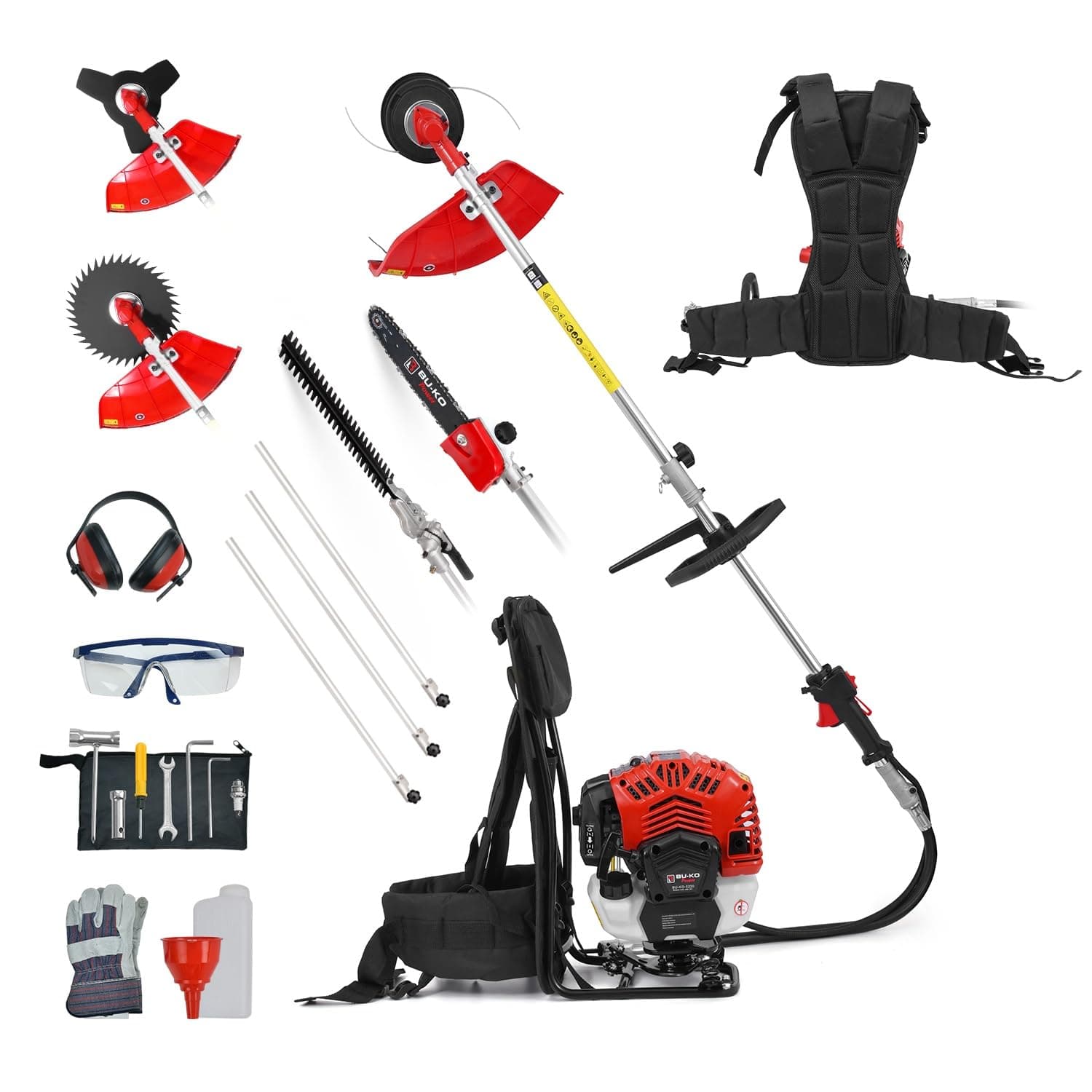 BU-KO 52cc Backpack Long Reach Petrol Multi Functional Garden Tool: Petrol Strimmers and Brush Cutter, Extendable Hedge Trimmer, Pruner Chainsaw, Petrol Grass Trimmers, 3x 75cm Extension Poles