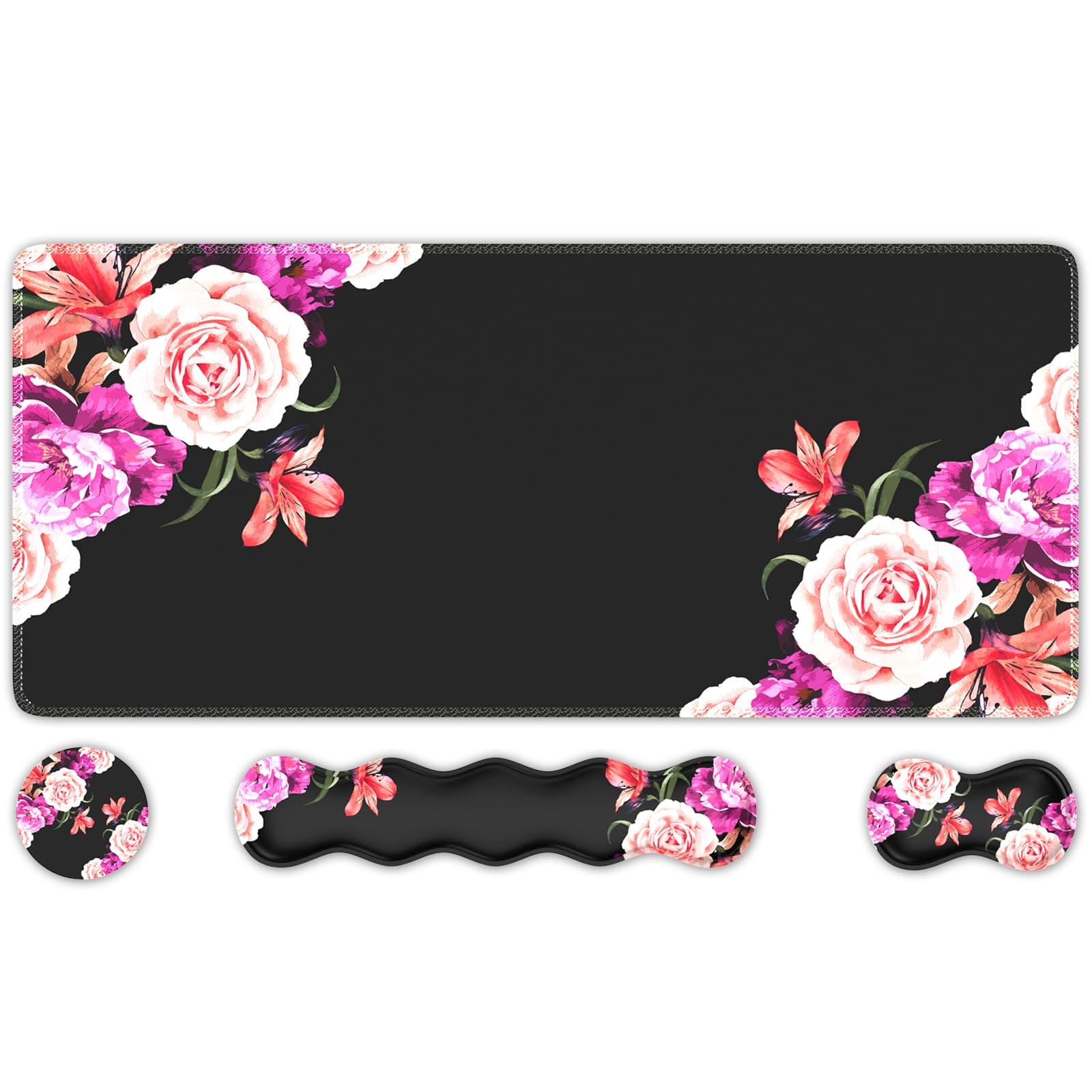 iLeadon Mouse Pad Set, Desk Mat + Mouse Pad with Wrist Rest + Keyboard Wrist Rest + Coaster, Mouse and Keyboard Pad Set with Stitched Edge & Non-Slip Base, Desk Pad Mat for Work Gaming, Peony Flower