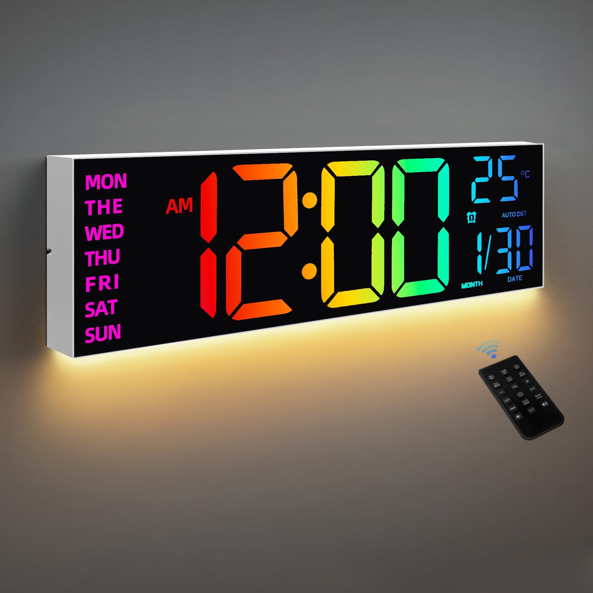 HAITANG 8 Colors Digital Wall Clock, 16.2" Large Digital Clock with Temperature, Date, Auto DST, Night Light, Auto Brightness Dimmer, 24/12-hour Wall Clock for Living Room Office Classroom Gym