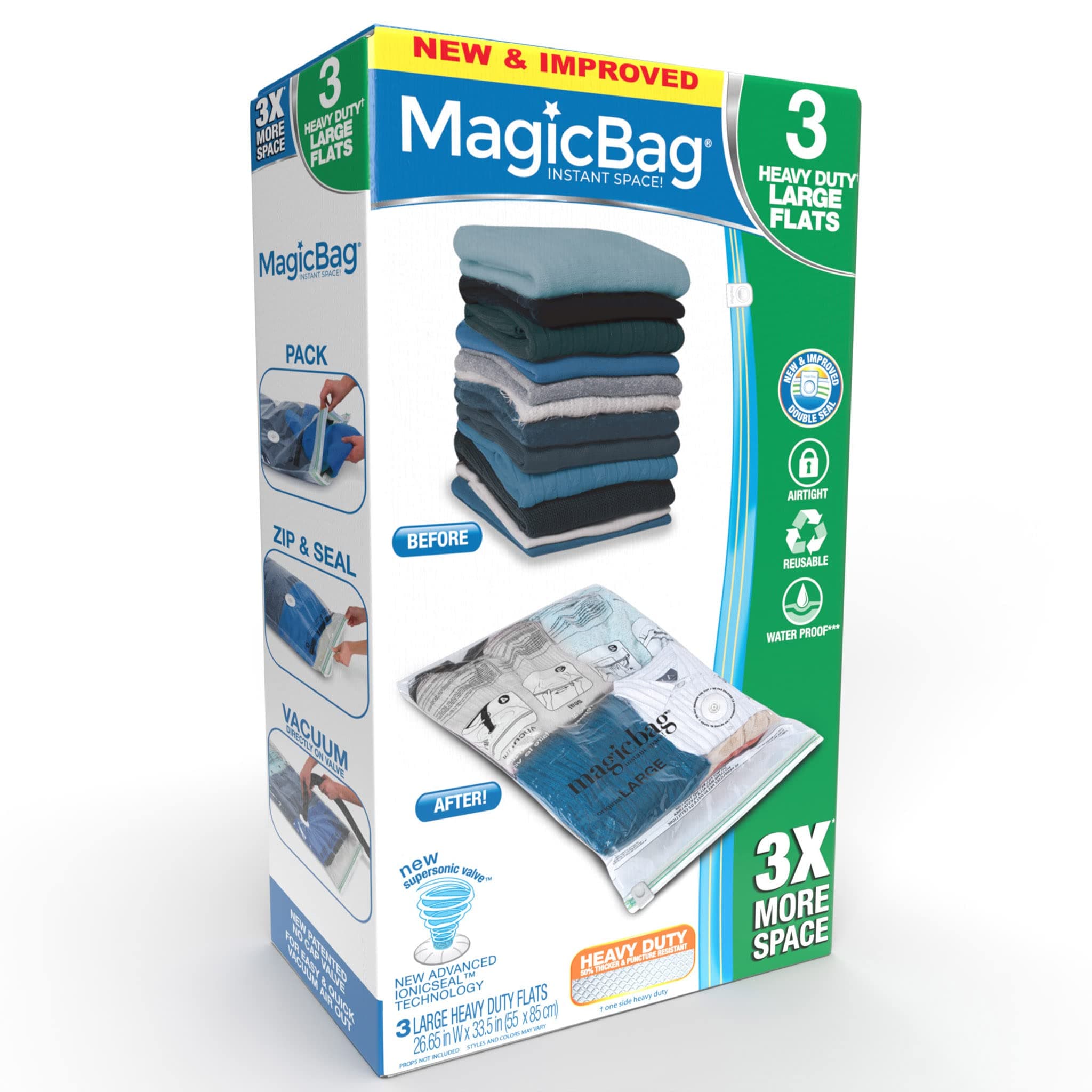 MagicBag Smart Design Instant Space Saver Storage - Flat Heavy Duty Large - Set of 3 Bags Total - Airtight Double Zipper - Vacuum Seal - Clothing, Pillows - Home Organization