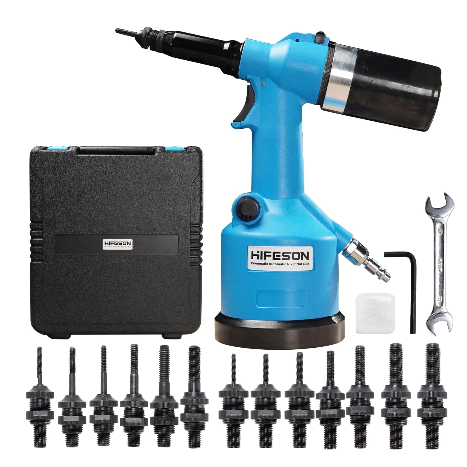 Heavy Duty Air Hydraulic Rivet Nut Tool, Pneumatic Riveter Automatic Rivet Nut Gun Tool Setting Kit Come with 13 Size Metric and SAE Nose-Piece Assembly