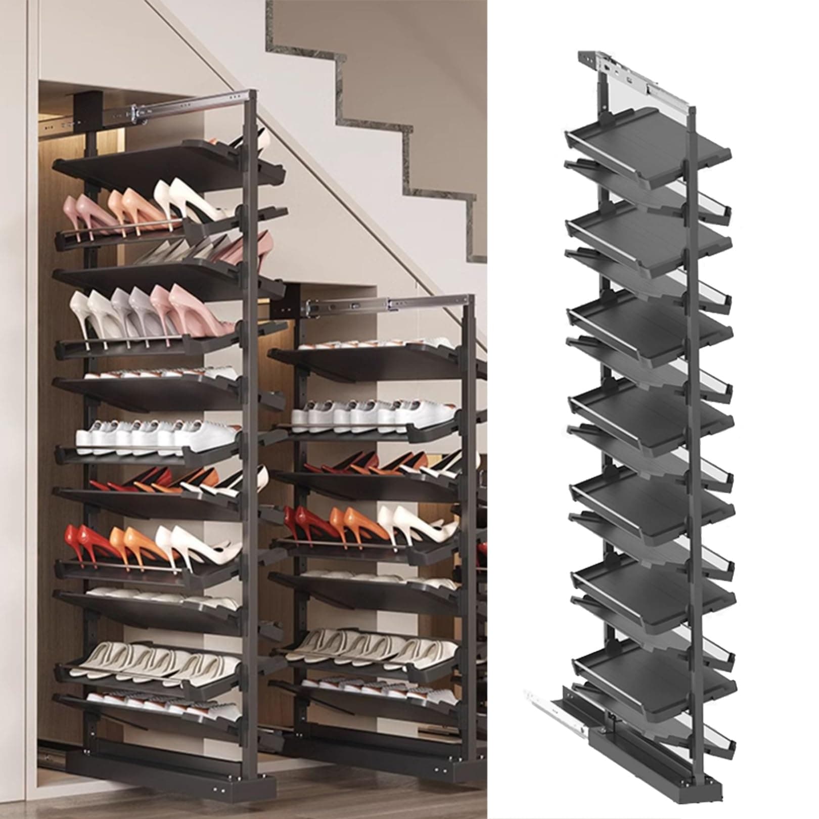 Pull-Out Shoe Rack Organizer for Closet Shoe Cabinet,Adjustable Height Retractable Metal Stackable Shoe Rack, Vertical Shelf Organizer for Small Bedroom Closet, Space Saving Storage, Black(45cm,15 Tie