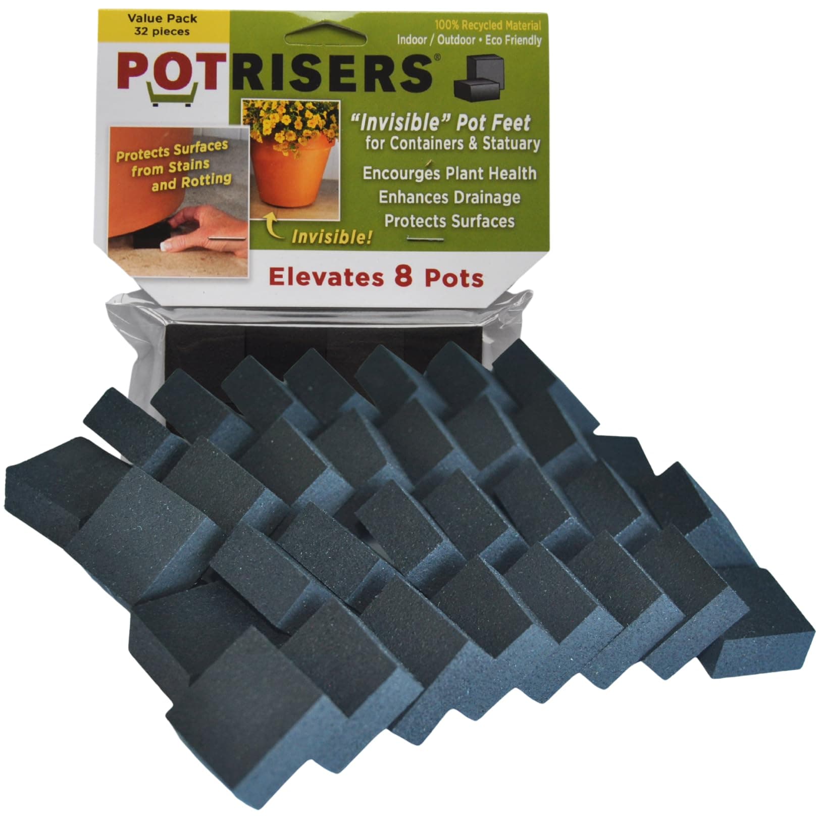 Potrisers (Standard Size -32 Pack) - Invisible Pot Feet to Elevate up to 8 Flower Plant Planters or Statues | Perfect for Patios, Decks, Gardens, and Greenhouses - Made in the USA