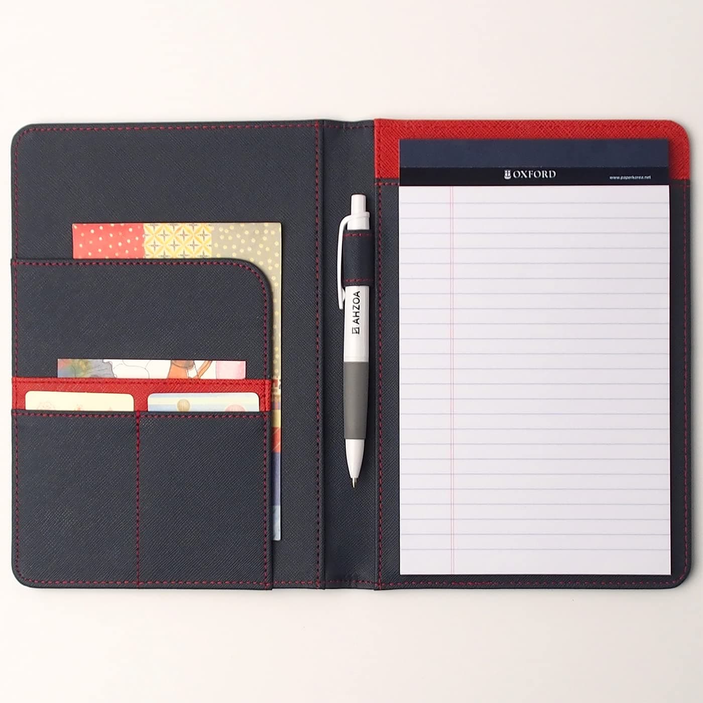 AHZOA 3 Pockets A5 Size Memo Padfolio S7, Including 5 X 8 Inch Legal Writing Pad, Synthetic Leather Handmade 6.3 X 8.78 Inch Notepad Clipboard Holder (Navy)