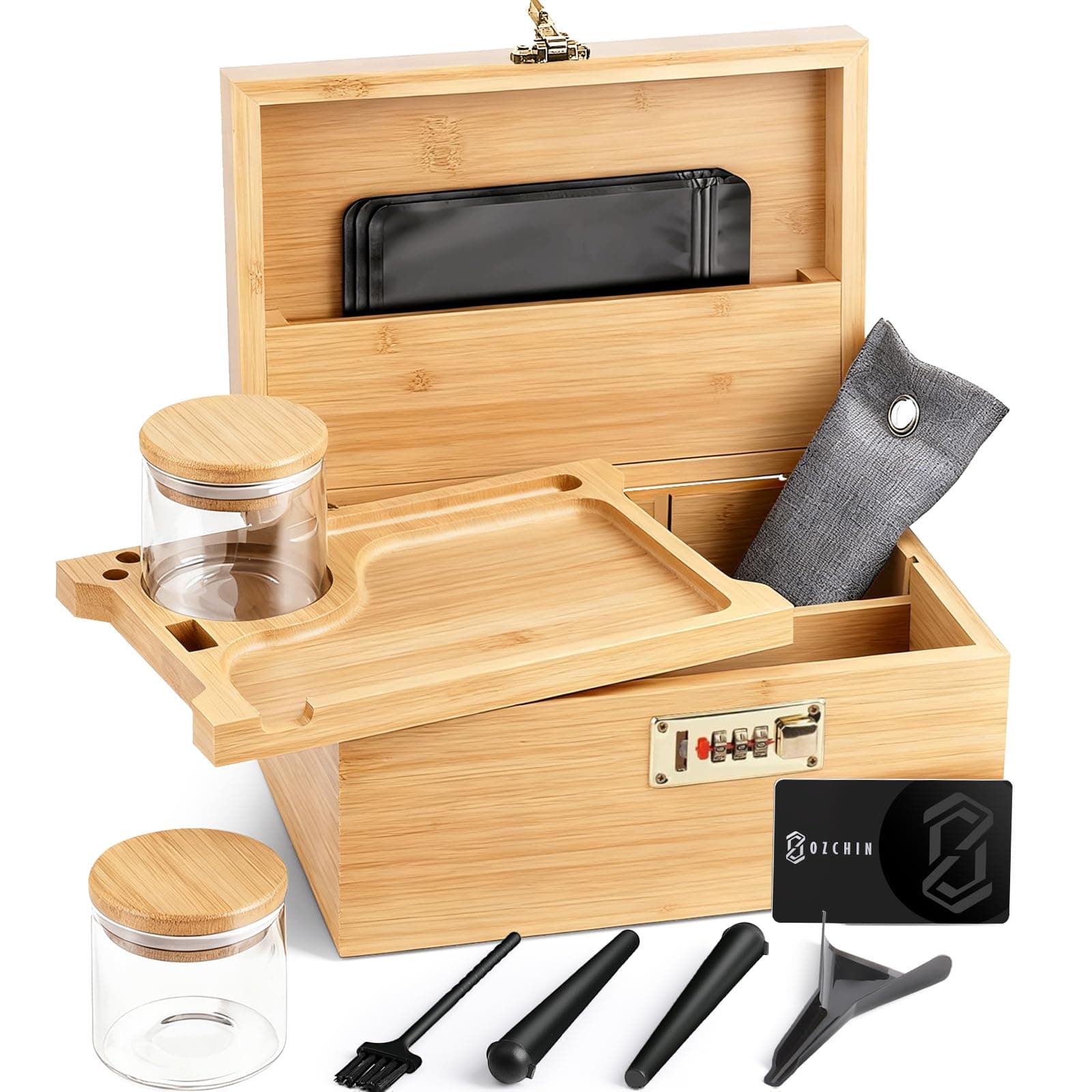 OZCHIN Large Bamboo Box with Combination Lock Decorative box for Home Great Gift Choice Storage Lockbox with Storage Jar, Christmas Gifts for Men Women (Brown, 10 x 6.9 x 5 inches)