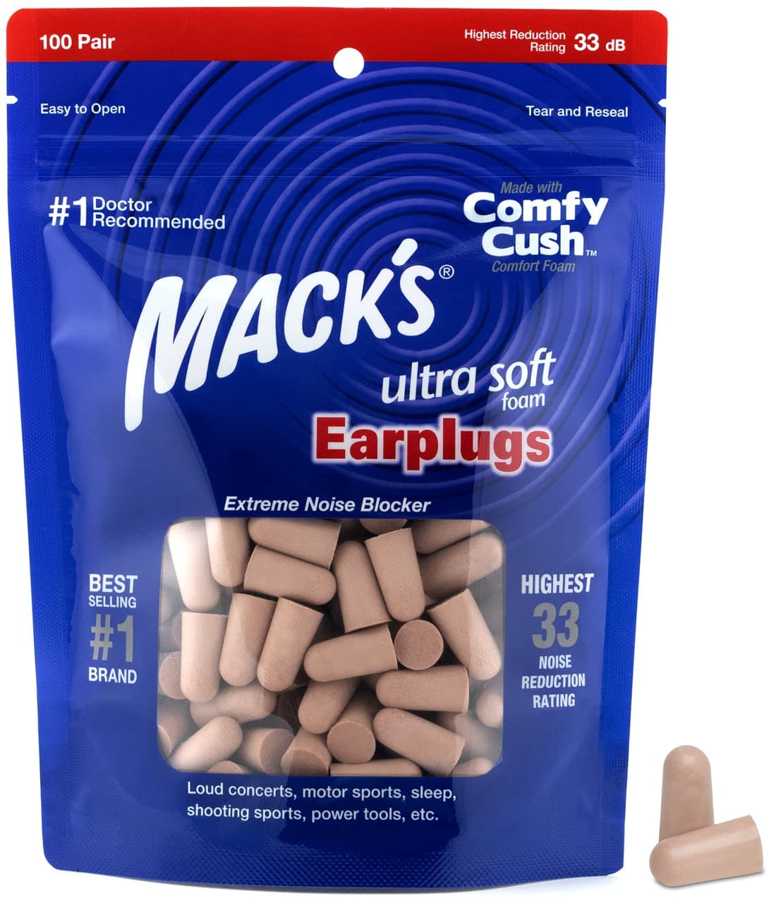 Mack's Ultra Soft Foam Earplugs, 100 Pair Bag - 33dB Highest NRR, Comfortable Ear Plugs for Sleeping, Snoring, Travel, Concerts, Studying and Loud Noise | Made in USA, Beige