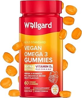 Wellgard Vegan Omega 3 Gummies by Wellgard - Chewable Algae-Derived DHA & ALA, Omega 3 Supplements, Allergen-Free, Natural Flavour, Formulated in UK