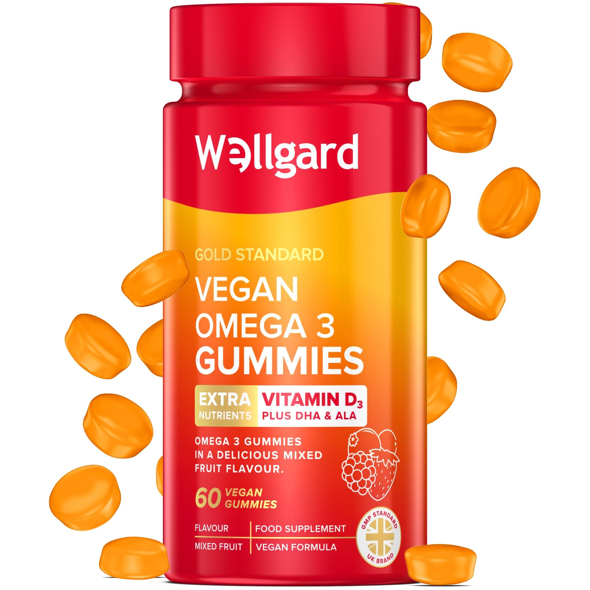 – Vegan Omega 3 Gummies by Wellgard - Chewable Algae-Derived DHA & ALA, Omega 3 Supplements, Allergen-Free, Natural Flavour, Formulated in UK