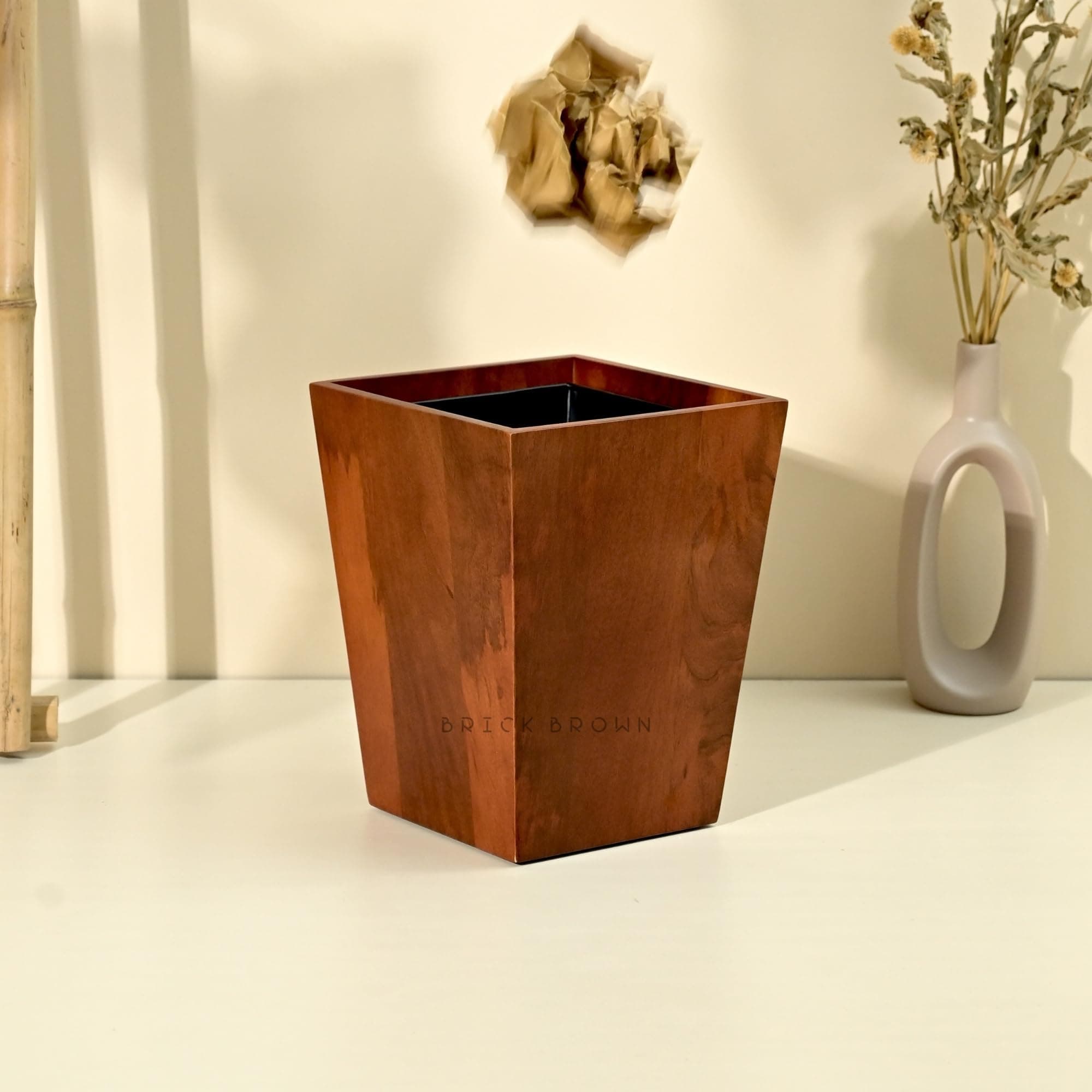 - Brick Brown Premium Solid Wood Dwindle Wastebasket | Dustbin With Removal Metal Inner Liner From Mahogany Collection Open-Top (Dwindle), (8X8X9.8 Inch), Brown
