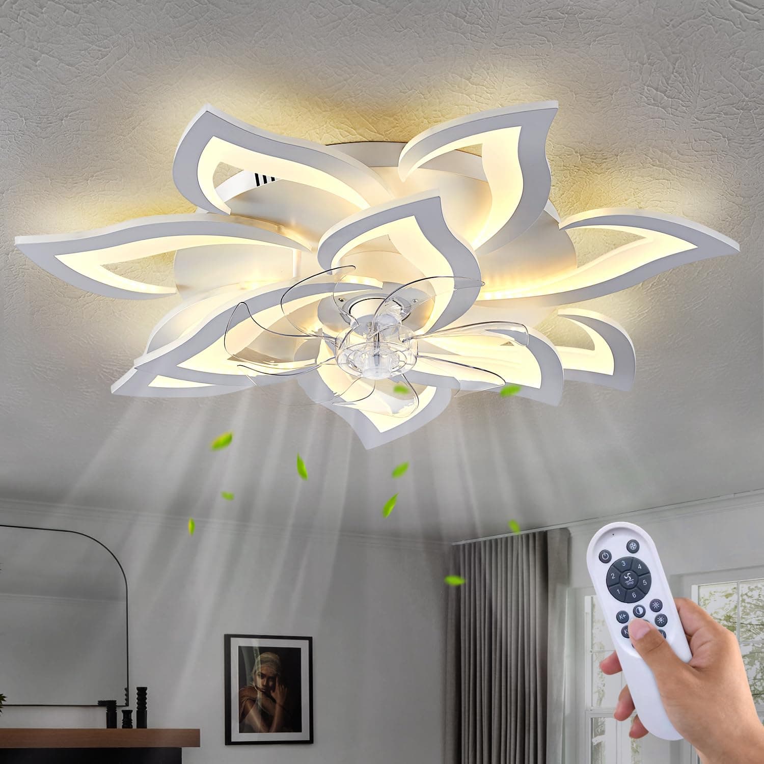 Dalouguan 32" White Ceiling Fan with Light Remote Control, Modern Geometric C...