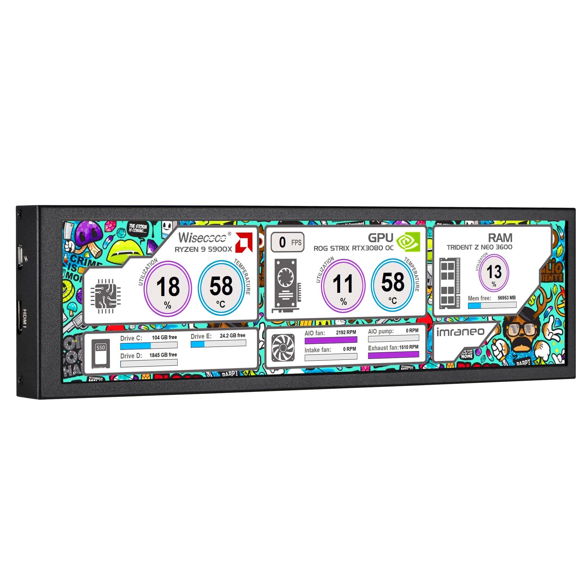 8.8 Inch Computer Secondary Screen CPU Temperature Monitor with Casing FHD IPS 1920x480 LCD Display for Computer Case Temperature Windows Aida64 CPU GPU Monitor