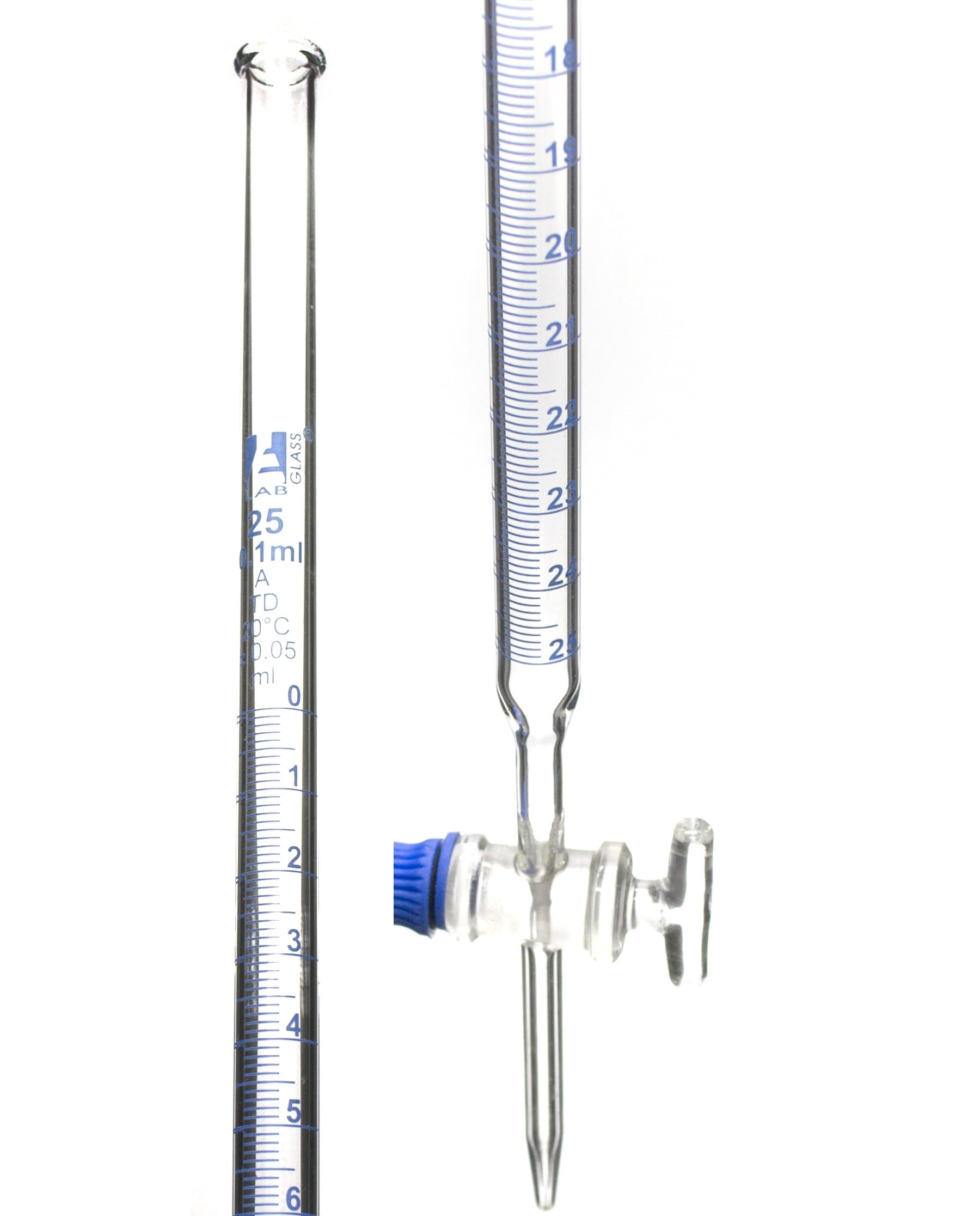 Class A 25mL Borosilicate Burette - 0.1mL Graduations - 0.05mL Tolerance - Glass Key (Smooth) Stopcock - 22.5" Tall