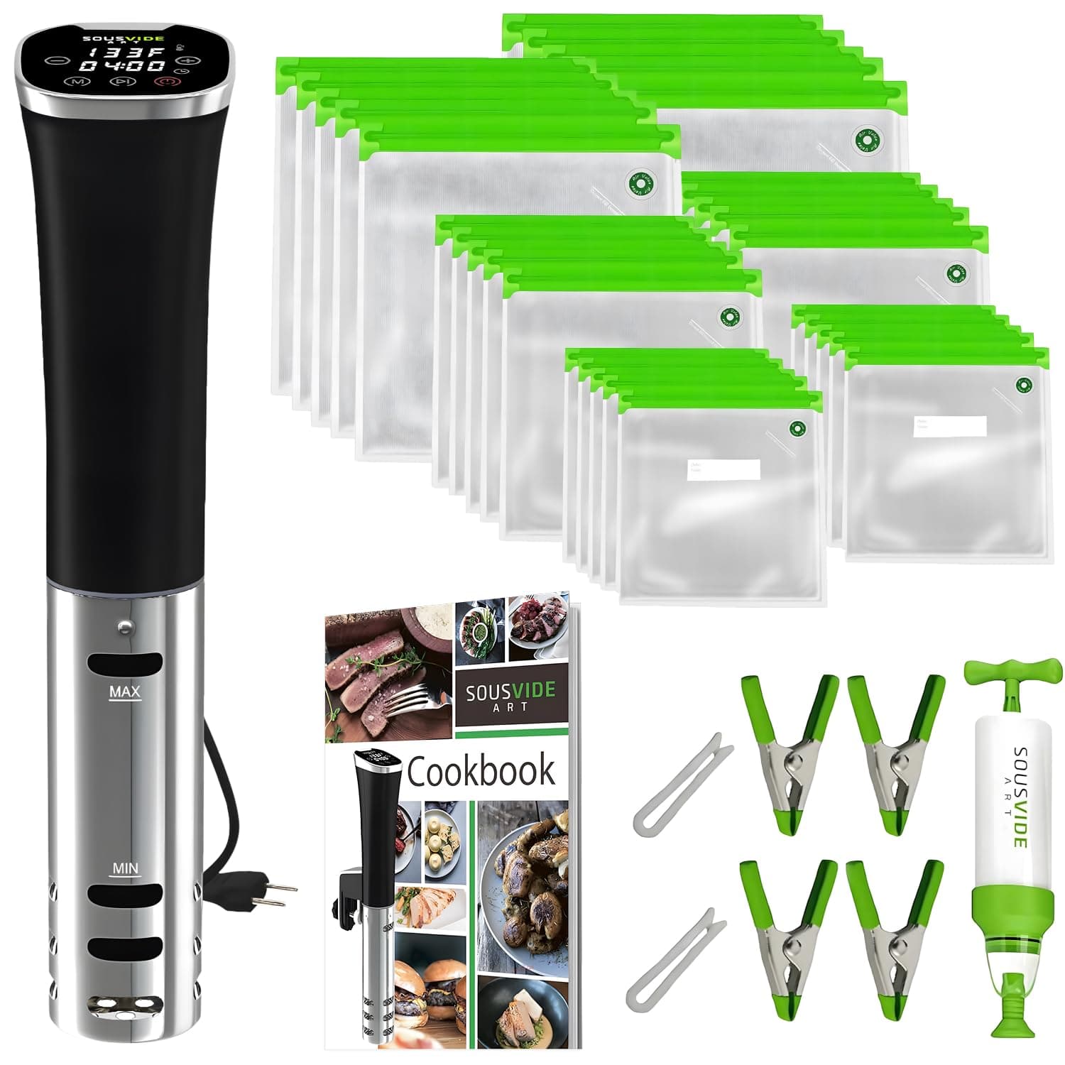 Sous Vide Immersion Cooker Kit - Machine with Digital Timer, Temp Control, 30 Bags, Vacuum Pump, Suvee Cooker Gift for Chefs