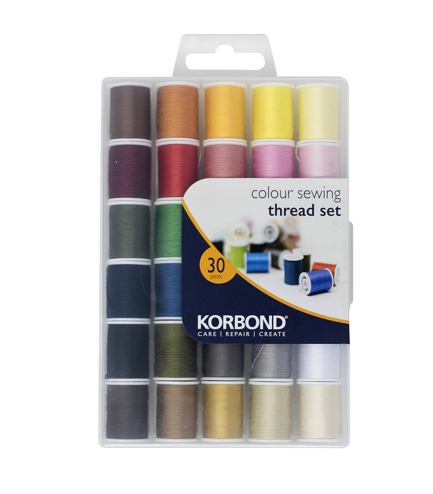 Korbond All Purpose Thread Set - 1350m Polyester Sewing Thread - 30 Colours x 45m - Hand and Machine Sewing and Crafting Thread - Includes Black Thread for Sewing Machine and White Sewing Thread