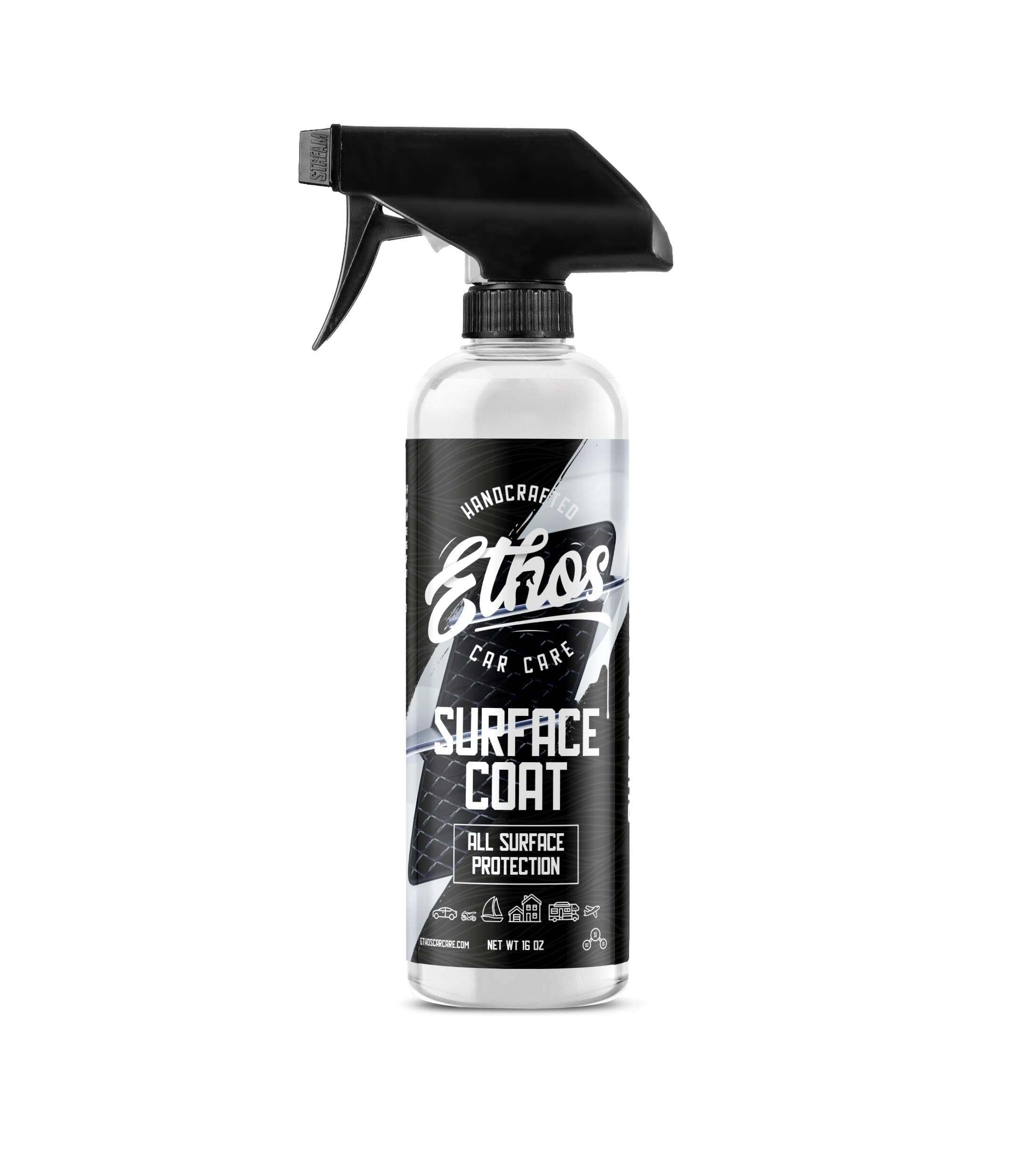 Ethos Surface Coat, Hydrophobic Top Coating Protectant and Sealer. Strong Bonding, Durable Sio2 Ceramic Formula. Easy To Use on Any Surface! (16oz) - Ethos Car Care