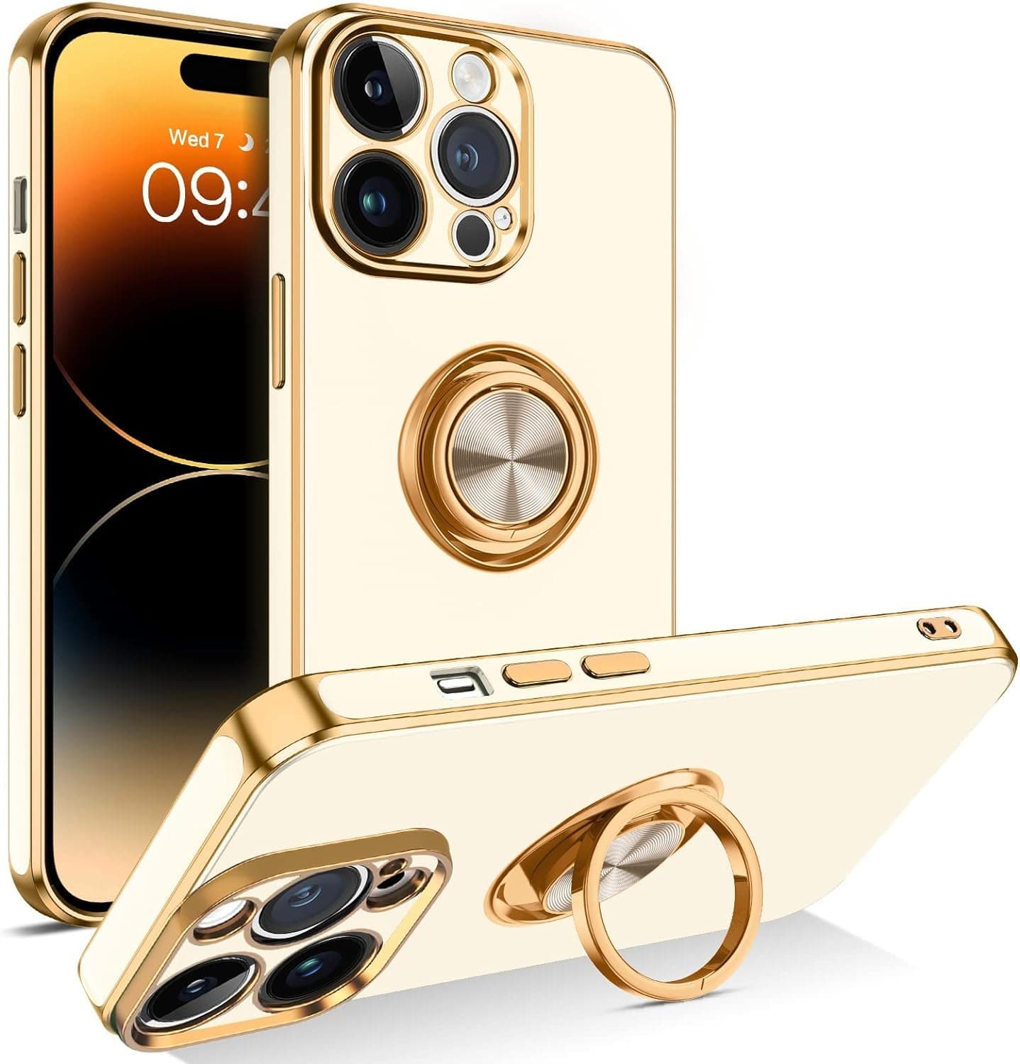 Zubitech iPhone 15 Pro Max Soft Silicon Shockproof Luxury Gold Lining Case Rotatable Magnetic Ring Holder Kickstand Cover Full Camera Protection for iPhone 15 Pro Max (iPhone 15 Pro Max, White)