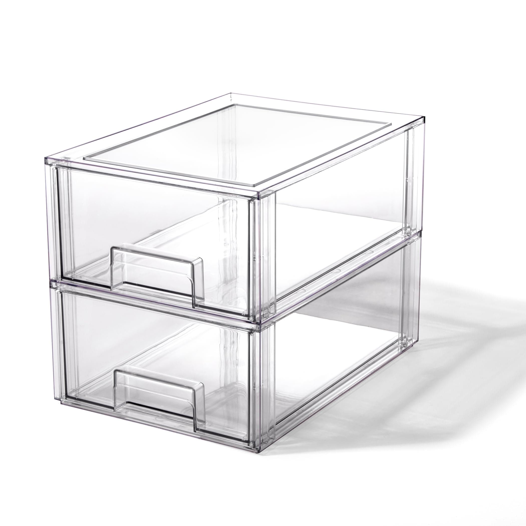Stackable Clear Storage bins with Drawers for Pantry Shelf Organization| THE CRATE COLLECTION | Fridge Organizer | Large | 2 pack