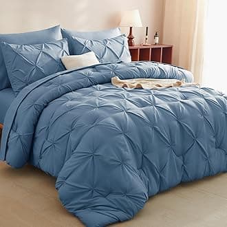 CozyLux King Size Comforter Set Grayish Blue, 7 Pieces Pintuck Bed in A Bag Blue Comforter King Size, Pinch Pleat Bedding Set with All Season Comforter, Sheets, Pillowcases & Shams