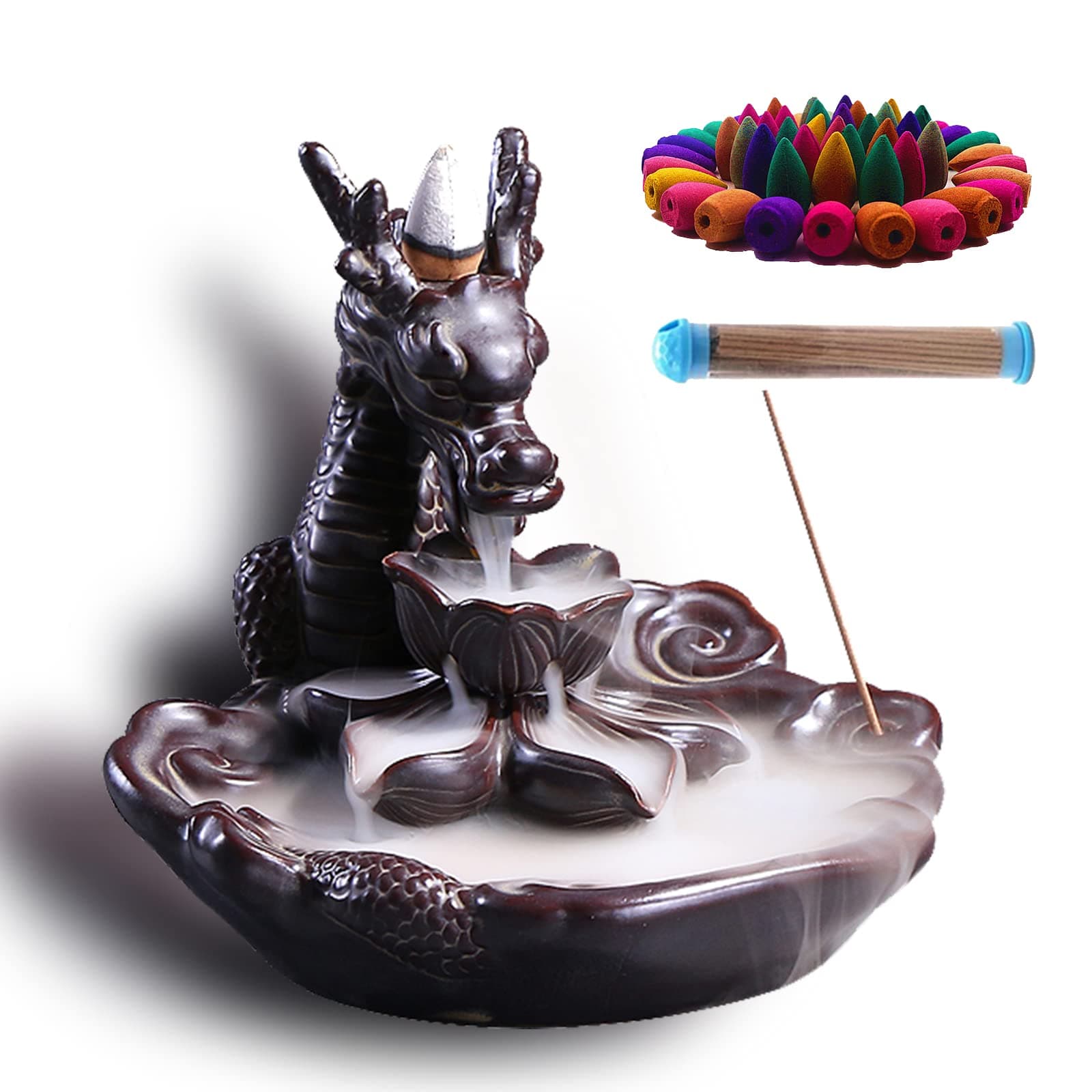 Dragon Ceramic Smoke Backflow Incense Burner - Waterfall Holder Includes Incense Cones and Sticks