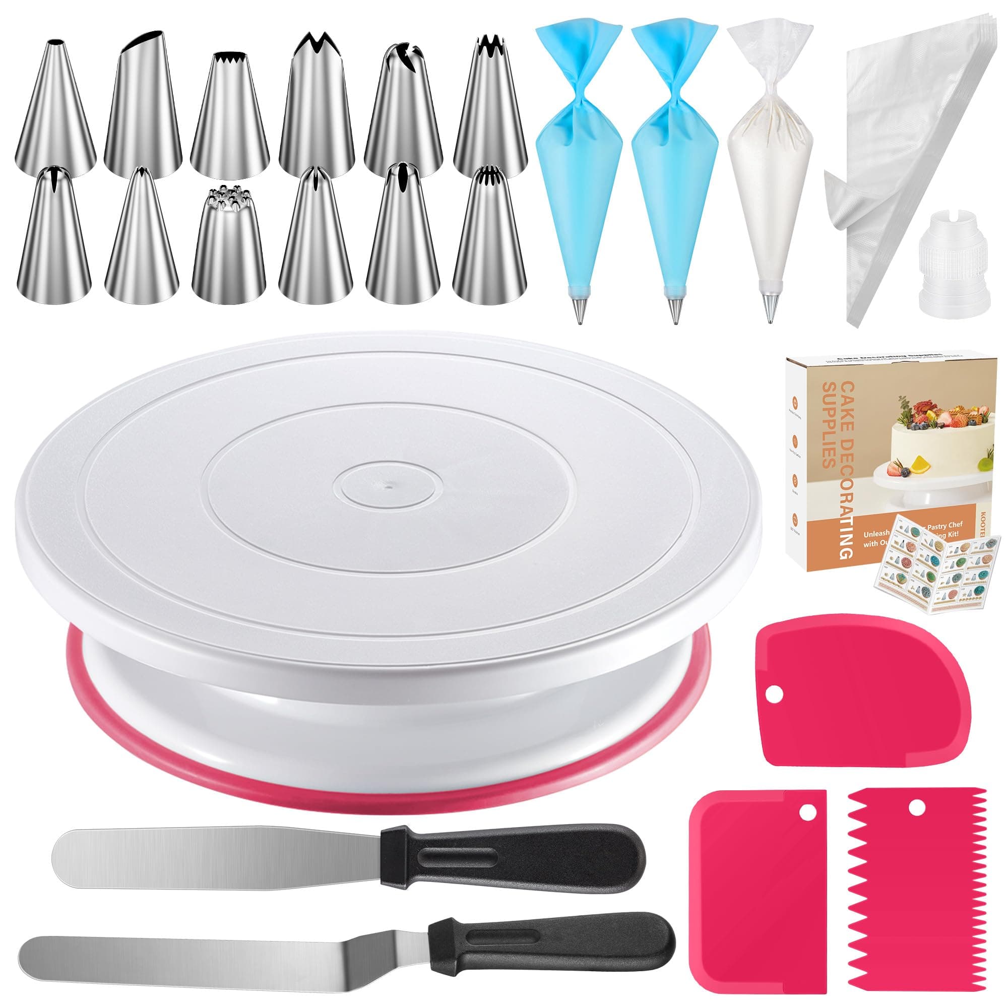 Kootek 71PCs Cake Decorating Kit, Baking Supplies Tools - Includes Cake Stand Turntable, 12 Icing Piping Tips Set, 2 Frosting Spatulas, 3 Scrapers, 50+2 Piping Bags, Coupler, Video Tutorial, Booklet
