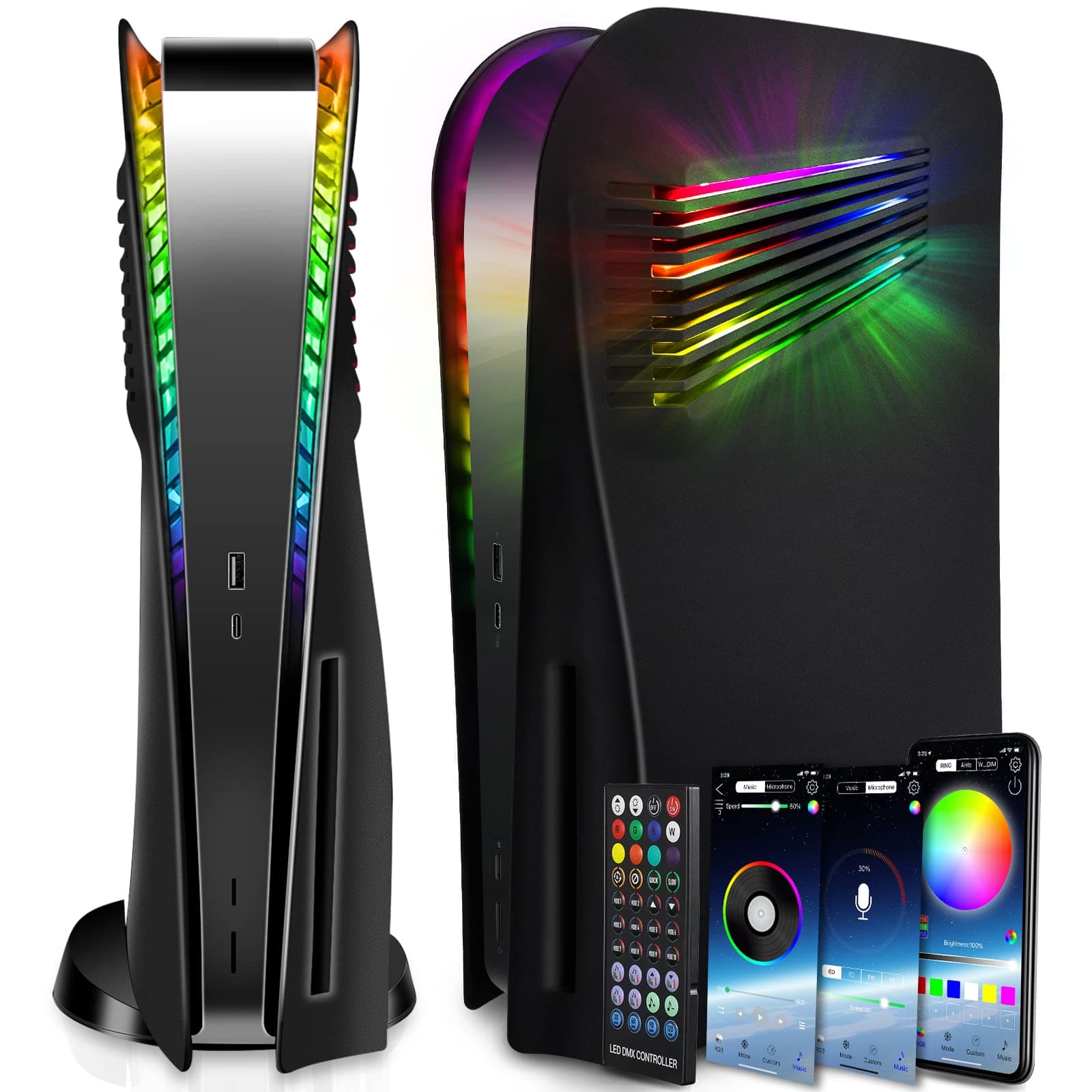 SIKEMAY Console Plates Compatible with PS5 with Vent and RGB LED Light Strip Accessories, 400+ Effects LED Light Ring Console Cover for PlayStation 5 Side Plates Hard Shockproof Anti-Scratch Shell