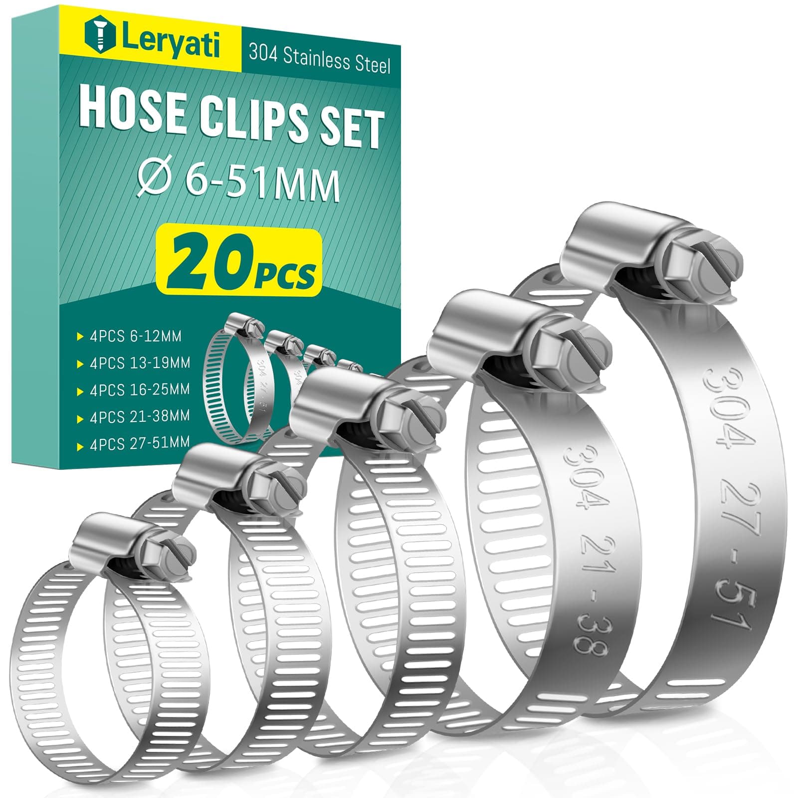 20 Pcs Hose Clips, Leryati Adjustable 6-51mm Set Range Small Hose Pipe Clips Clamps, 304 Stainless Steel Screws Clip Worm Drive Clamp Clip for Workholding Devices Tube Pipe Clamps- 5 Sizes