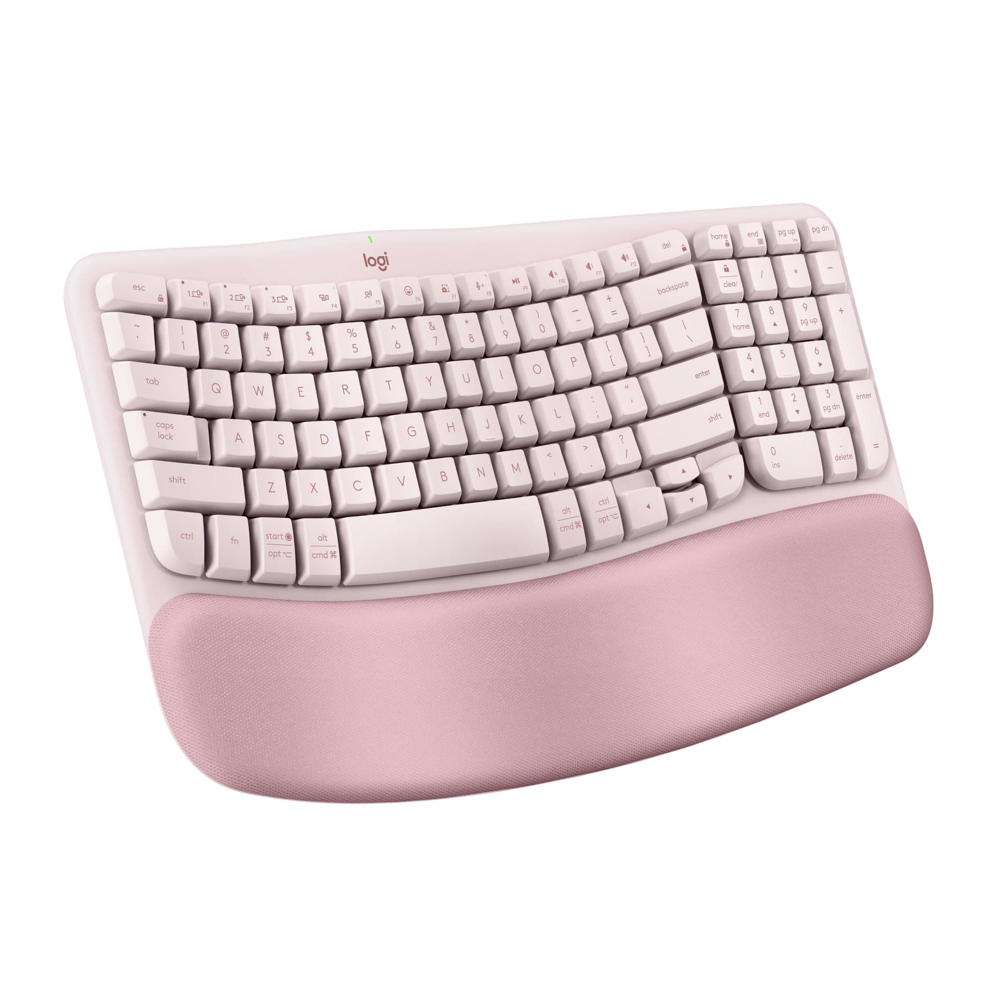 Wave Keys Wireless Ergonomic Keyboard with Cushioned Palm Rest, Comfortable Natural Typing, Easy-Switch, Bluetooth, Logi Bolt Receiver, for Multi-OS, Windows/Mac - Rose