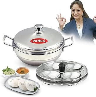 PANCA Stainless Steel Multi Purpose Kadai with Steel Lid, Idli Maker 2 Idli Plate 8 Cavity Idli Cooker Stainless Steel Idly Pot with Steamer (2 Plate 8 Cavity)