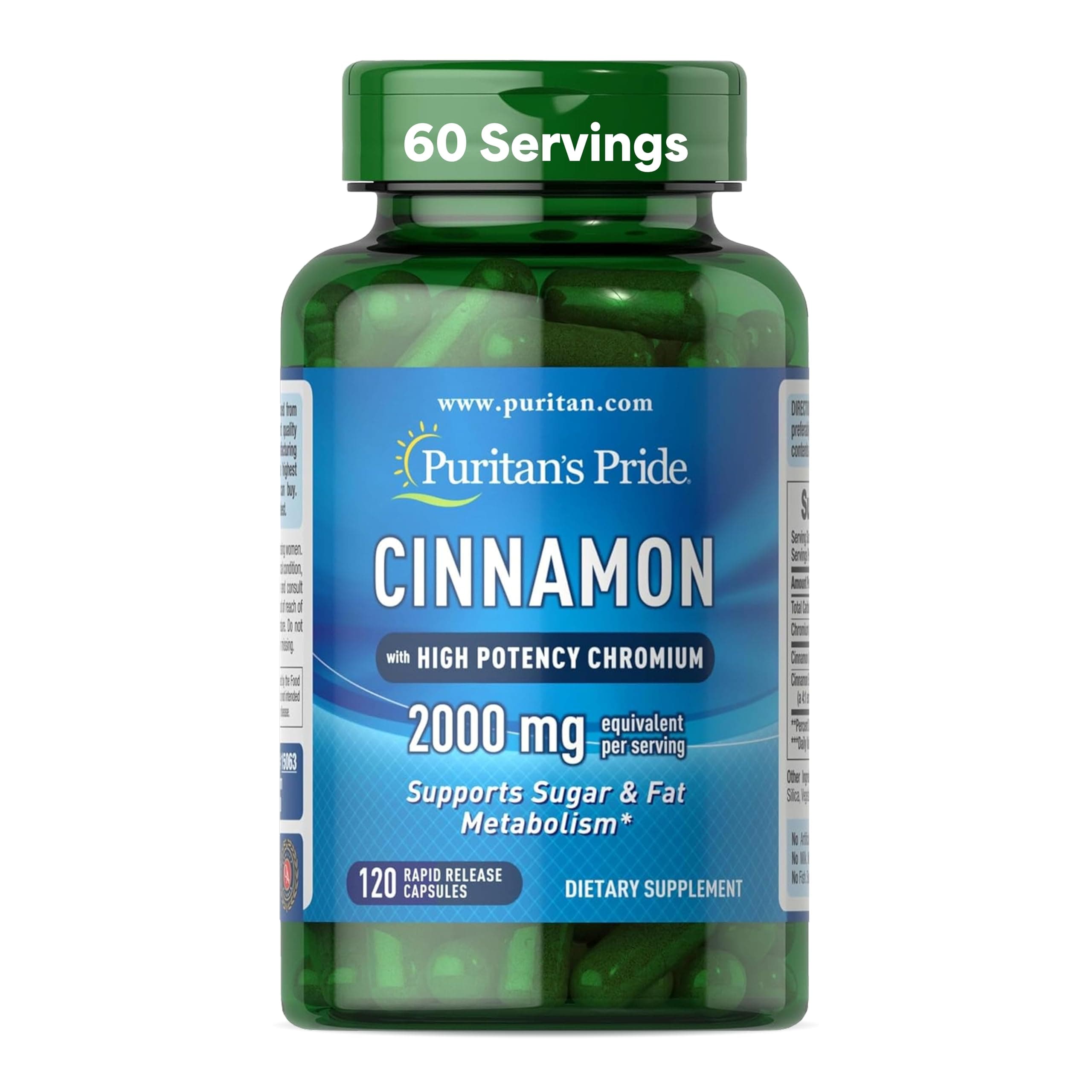 Cinnamon 875 mg (2000 mg Equivalent) with High Potency Chromium, Supports Sugar, Fat, and Healthy Nutrient Metabolism, Cellular Energy, 2 Month Supply, 120 Rapid Release Capsules