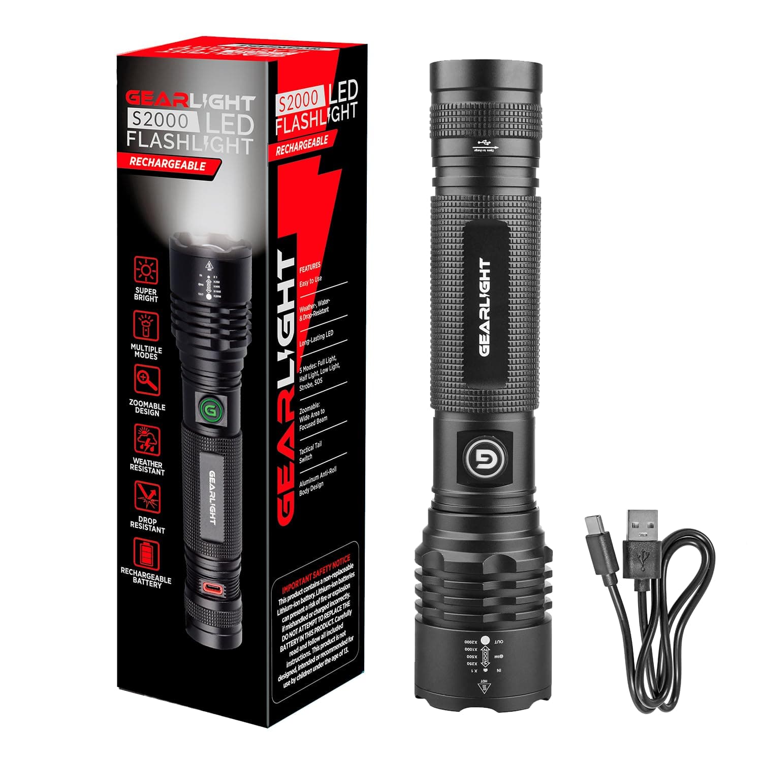 S2000 LED Rechargeable Flashlight High Lumens - Super Bright, Powerful, Mid-Size Tactical Flashlight for Outdoor Activity & Emergency Use