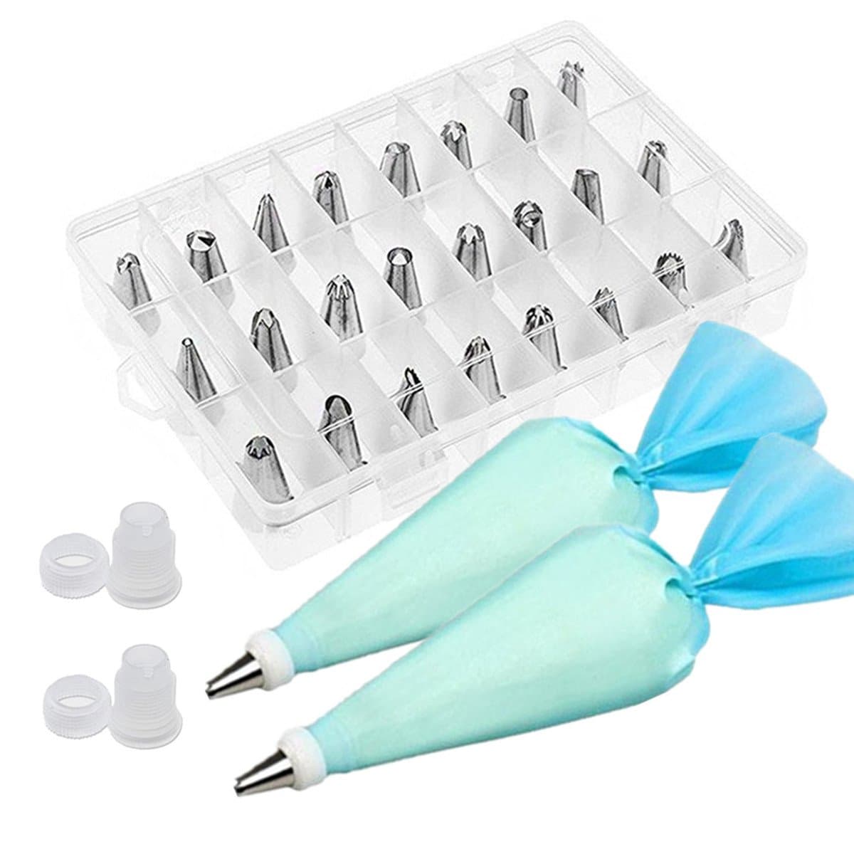 28pcs Cake Piping Icing Nozzles Tips Kit Set, Including 24 Small Stainless Steel Nozzles, 2 Couplers, 2 Reusable Piping Bags and Storage Case, for Cake Cupcake Decorating Cookies Pastry Making Tool