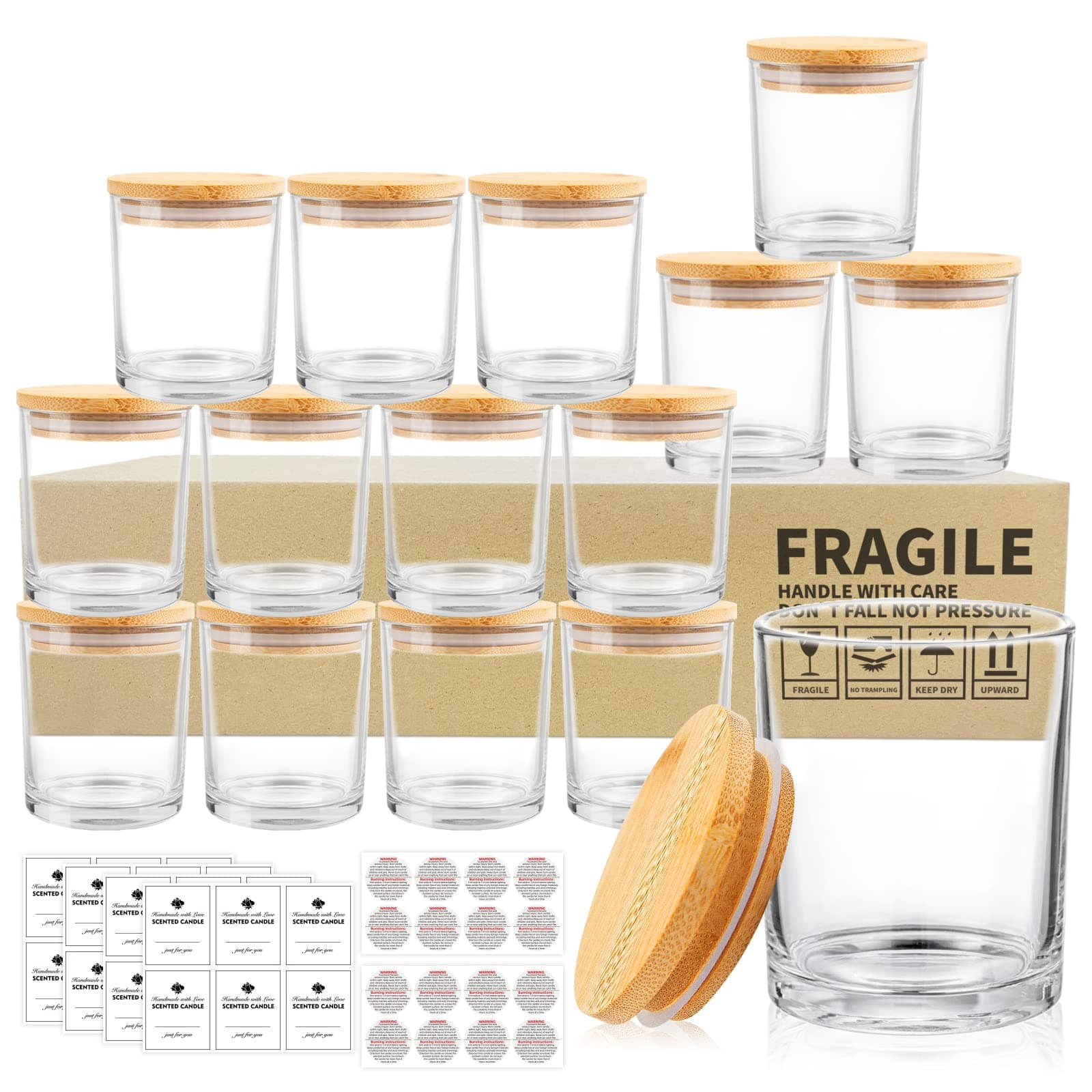15 Pack Clear Empty Candle Jars with Bamboo Lids and Sticky Labels, Bulk Jars for Making Candles Containers - Dishwasher Safe,Glass, 7oz