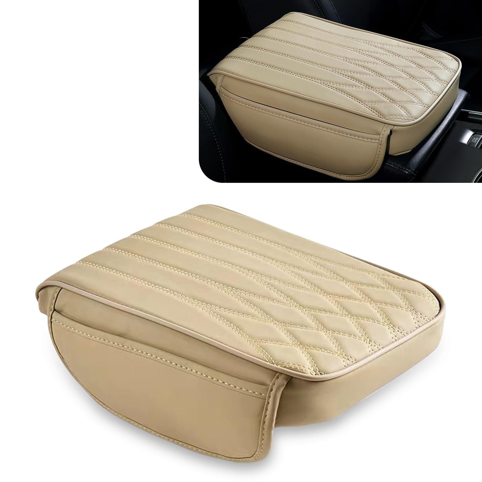 1 PC Car 12.5" x 8.6" x 1.9" Armrest Box Heightening Pad, Memory Pillow Cotton Pressure Relief Comfortable Pad, Leather 3D Texture Anti-Scratch Protective Cover, Universal for Cars (Beige)