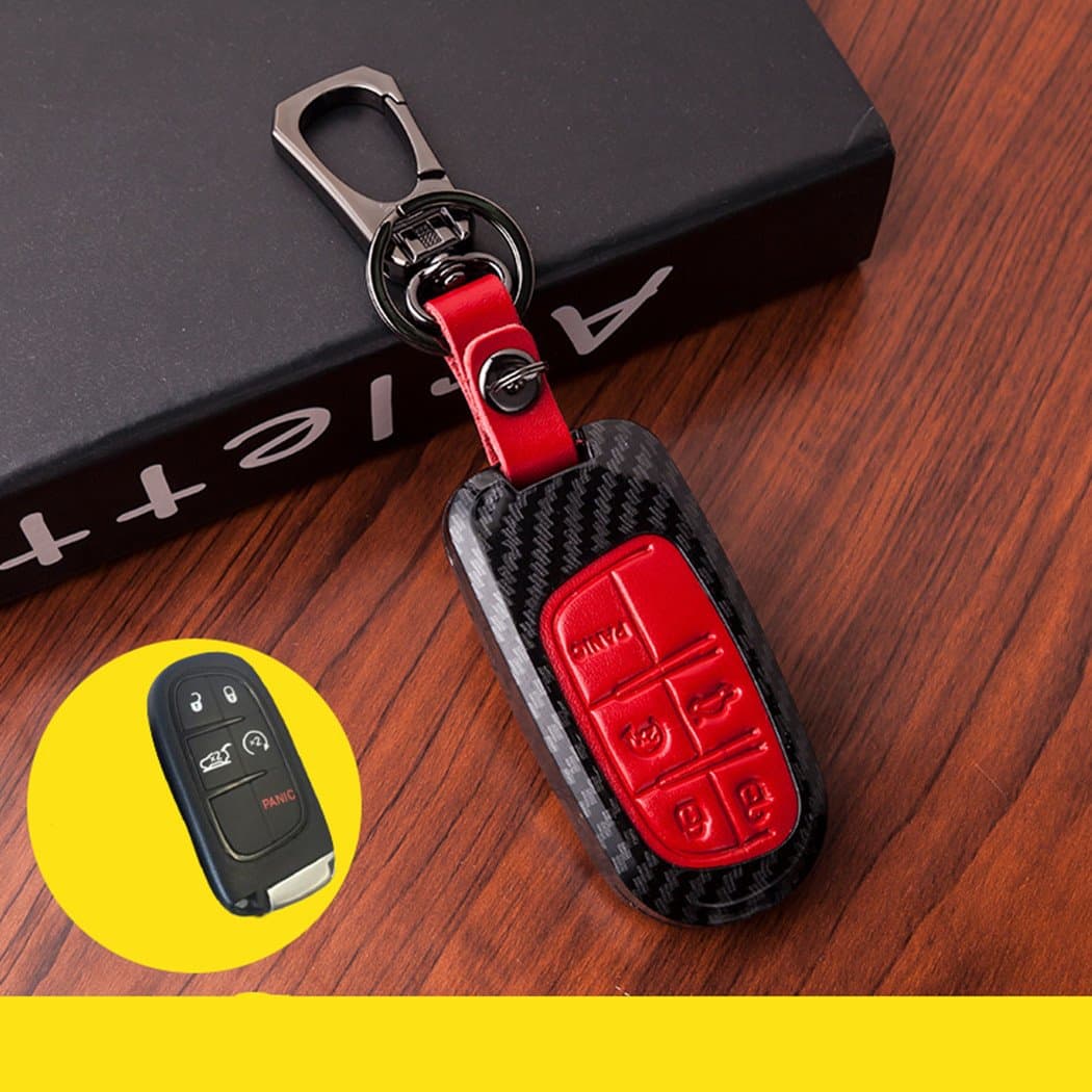 New Red Genuine Leather Buttons Paint Plastic Remote Smart 5 Buttons Key Case Cover Skin Holder for Dodge Challenger Dodge Charger Dart Durango Journey Jeep Grand Cherokee Fob