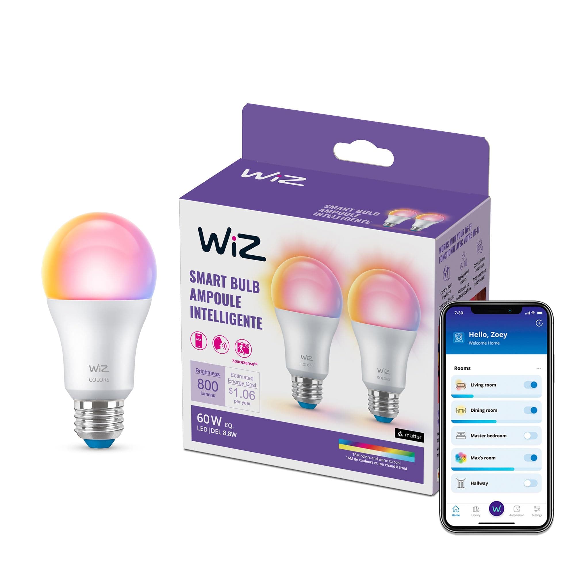 Connected 2-Pack Color 60W A19 Smart WiFi Light Bulb, 16 Million Colors, Compatible with Alexa and Google Home Assistant, No Hub Required, 2 Bulbs, Bluetooth