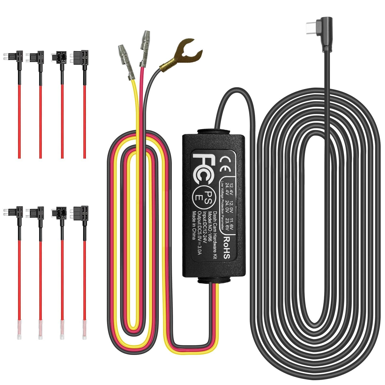 11.5ft Type-C Hardwire Kit for V7 V8 Dash Cam, Hard Wire Car Charger Cable Kit 12V- 24V to 5V/2.5A for Dash Cameras with Low Voltage Protection, Parking Monitoring