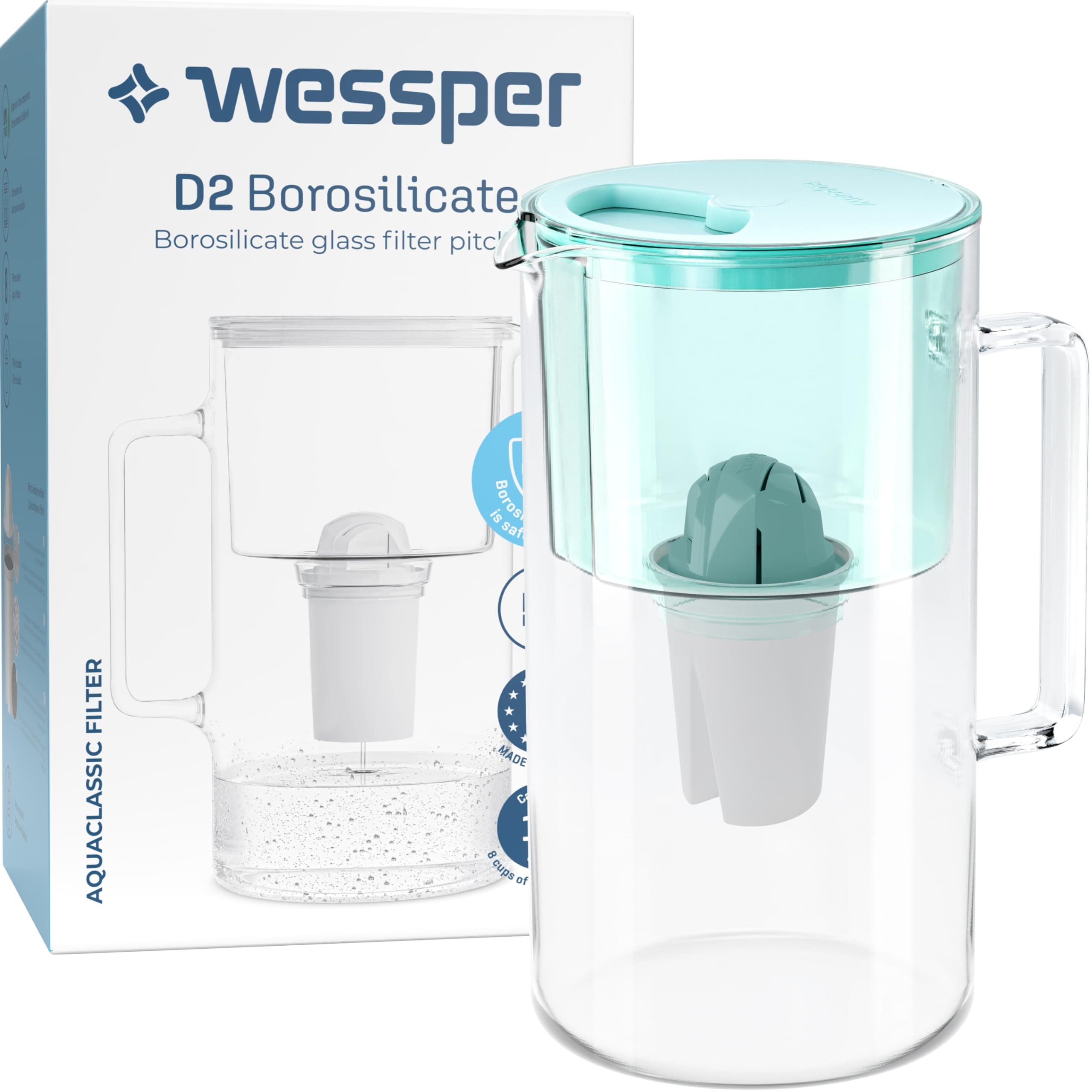 Wessper D2 Borosilicate Mint Glass Water Filter Pitcher Crystal Clear Hydration 8-Cup Capacity | 2in1 Water Purifier Pitcher and Stylish Water Carafe | Efficient Filtration for Pure, Refreshing Water