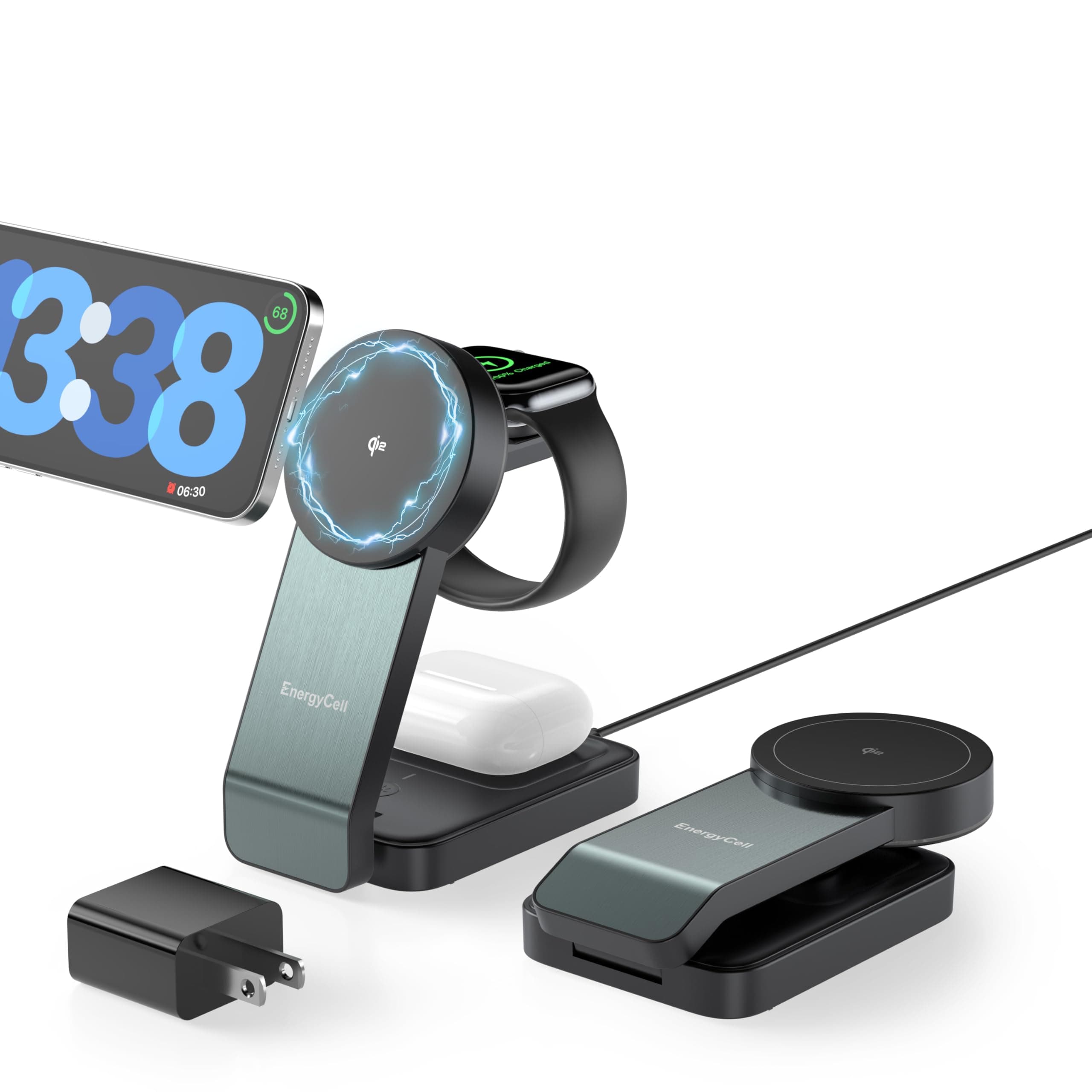 3-in-1 Wireless Charging Station for Apple Devices, Qi2 Certified 15W Charger Stand, Magnetic Foldable Fast Charger for iPhone 17/16/15/14/13/12, Apple Watch, AirPods (30W USB-C Charger Included)