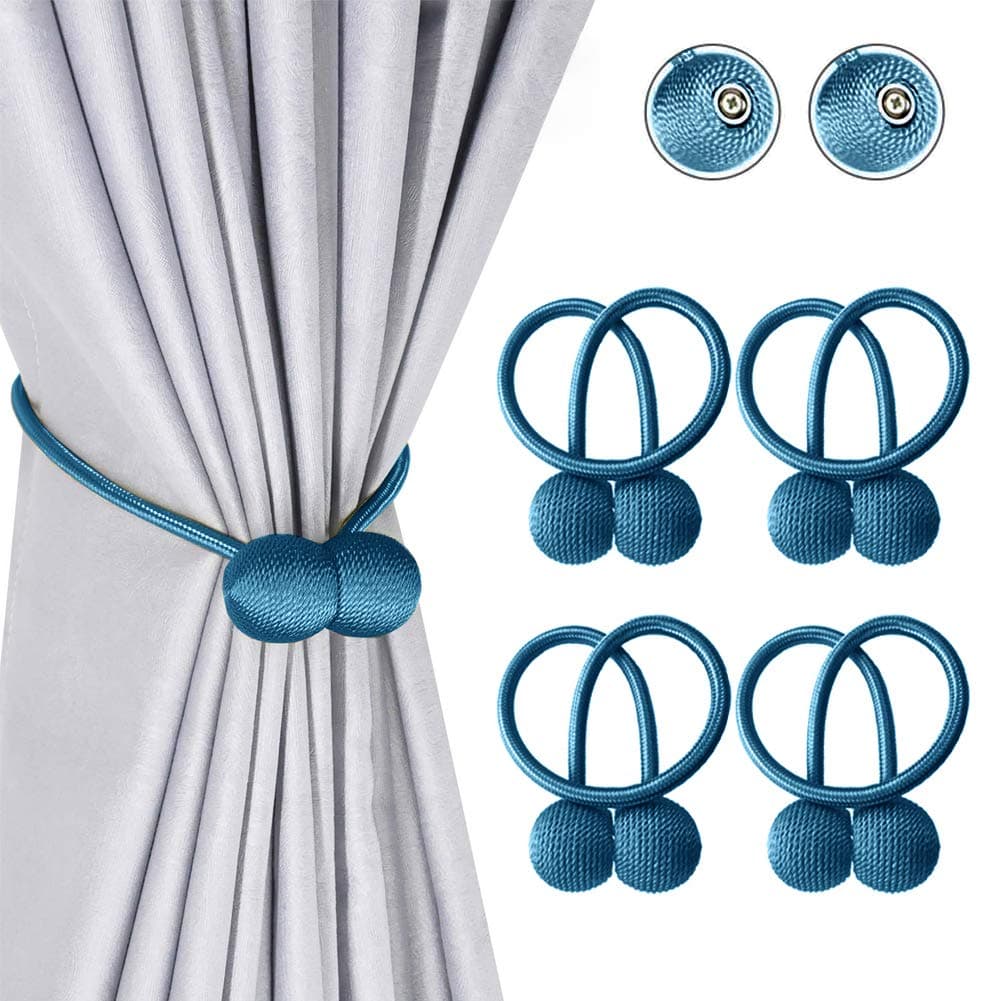 Magnetic Curtain Tiebacks 4 Pack Curtain Rope Holdbacks Holder Drape Tie Backs Clips for Home Kitchen Office Window Decorative Drapes Curtain Classic Tiebacks Design (Blue)