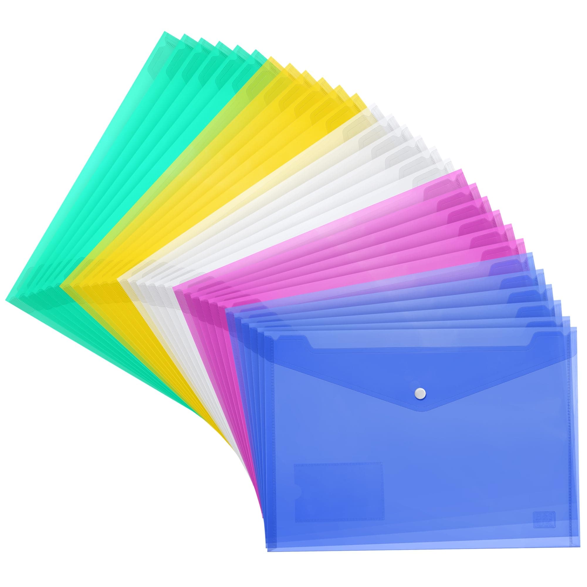 H&S 30pcs A4 Plastic Wallets Folder Foolscap Document Files Popper Wallet Envelope Folders Pockets Clear Green Red Blue Yellow