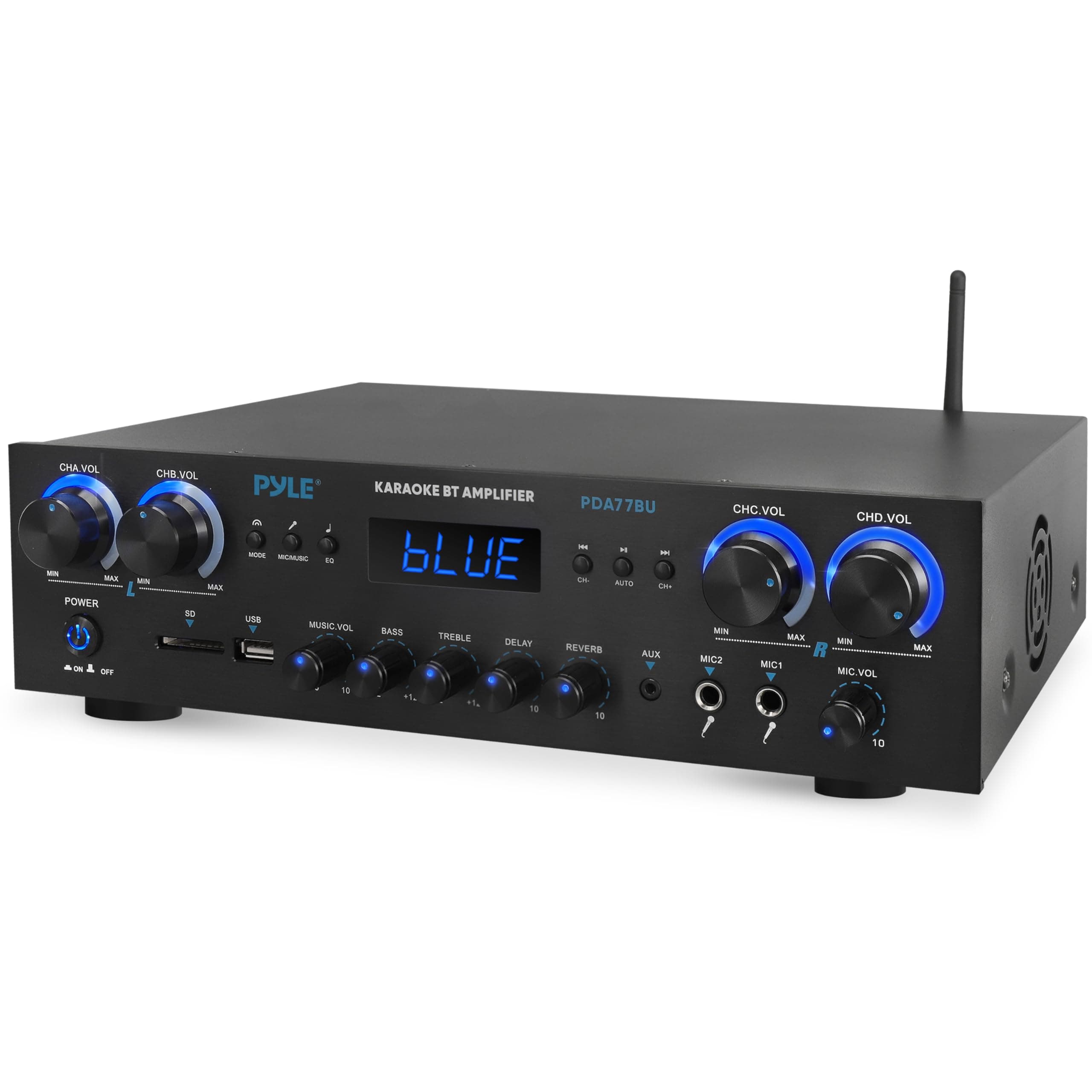 Pyle Bluetooth Stereo Amplifier – Wireless 800W 4-Channel Audio Receiver with Mic Inputs for Home, Studio, Karaoke or Theatre, USB, SD, AUX, RCA, FM, LED Display, Reverb & Delay Effects