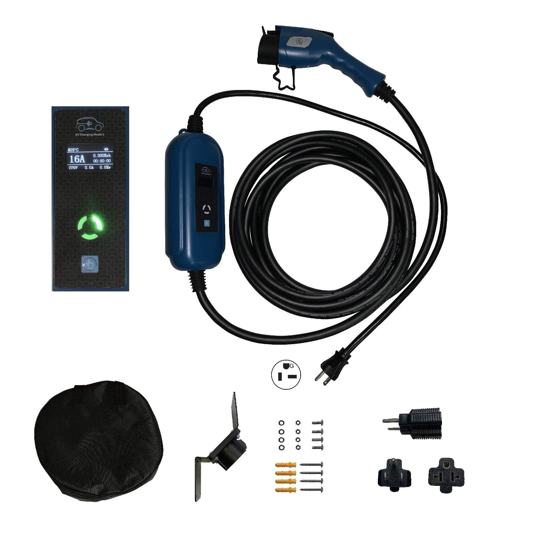 ONETAK EV Charger Level 2 EVSE PHEV LCD Screen 100-240V 16A/13A/10A/8A Adjustable 25ft 7.62 Meters Cord SAE J1772 NEMA 6-20P Plug Electric Vehicle Car Charger