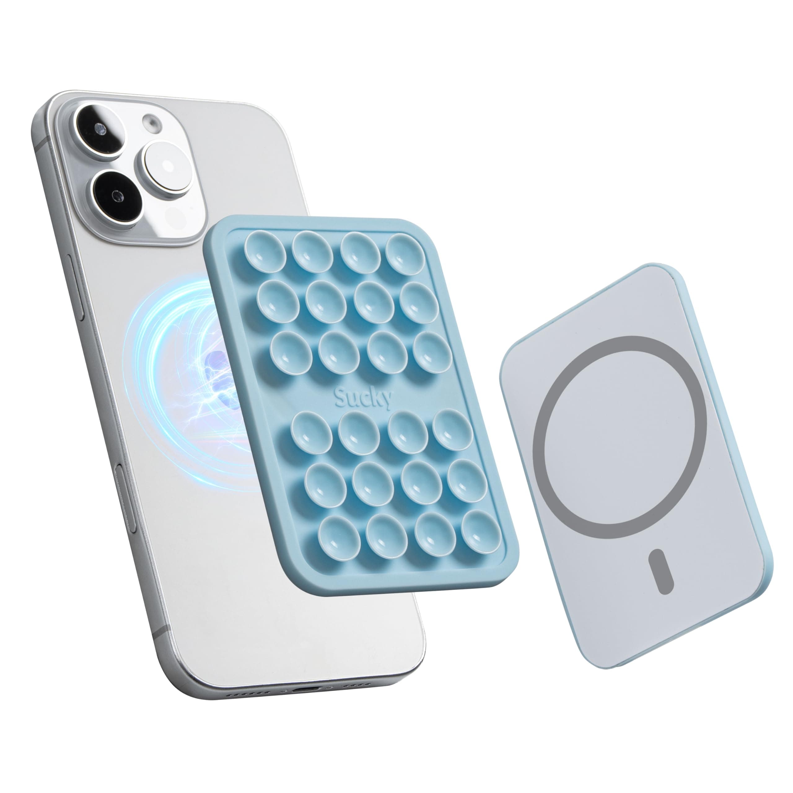 Magnetic Suction Cell Phone Case Grip for MagSafe Case, Removable for Wireless Charging, Durable Magnet Silicone Portable Mount Stand Phone Accessory for iPhone and Android - Baby Blue