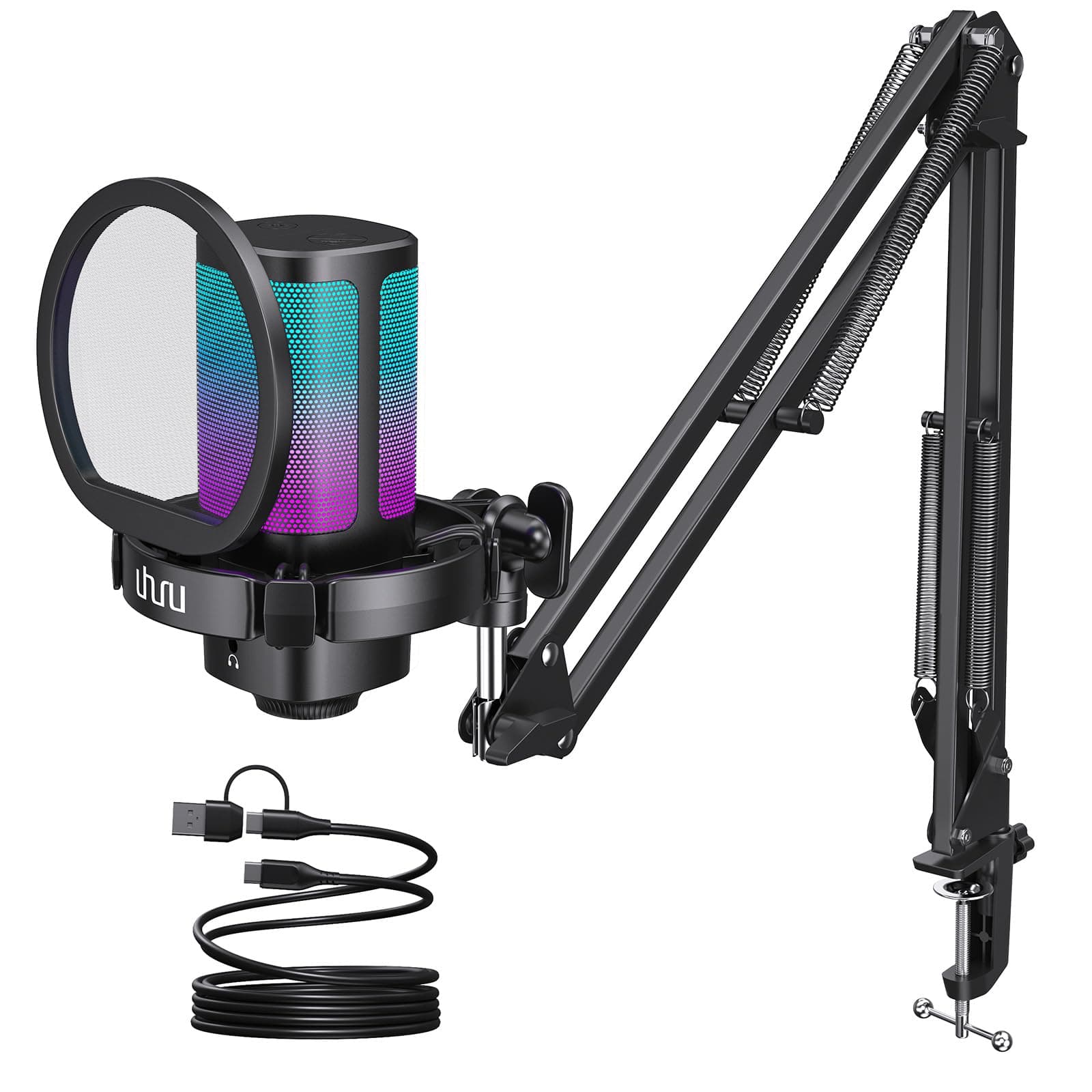 Gaming USB Microphone for PC, Computer Mic with Controllable RGB for PS4/5 Gamers, Podcast Mic with Boom Arm, Noise Cancellation, Mute Button, Gain Knob for Streaming Discord Twitch-UM2S